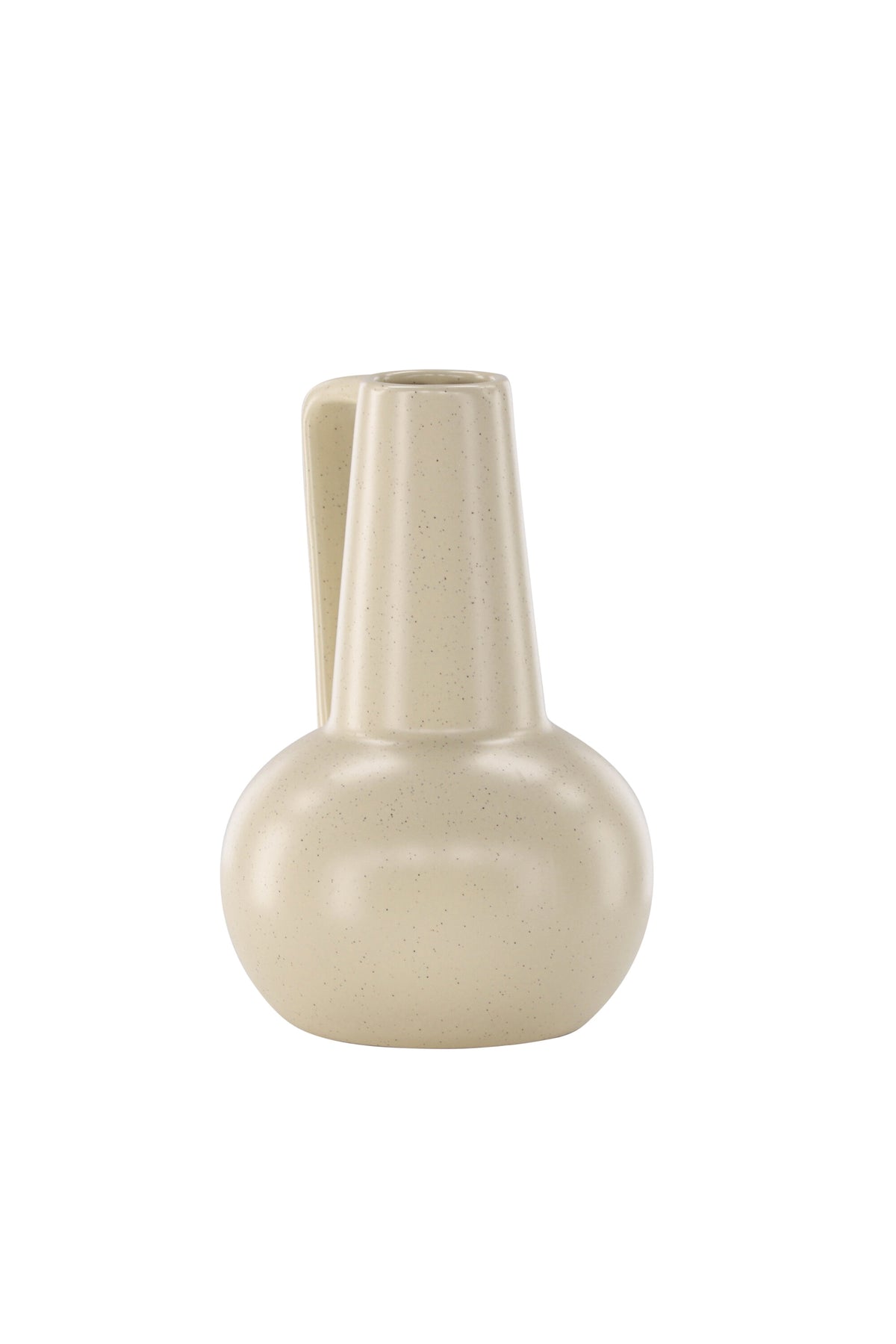 Zylindrische Vase aus Steinzeug in Beige und Schwarz mit seitlichem Griff, matte Oberfläche, Höhe 22 cm, Durchmesser 10 cm.