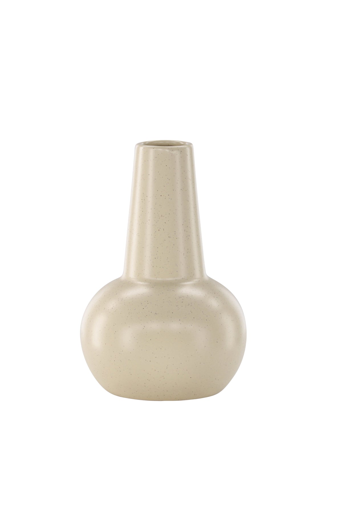 Zylindrische Vase aus Steinzeug in Beige und Schwarz mit seitlichem Griff, matte Oberfläche, Höhe 22 cm, Durchmesser 10 cm.