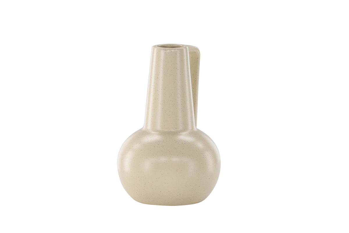 Zylindrische Vase aus Steinzeug in Beige und Schwarz mit seitlichem Griff, matte Oberfläche, Höhe 22 cm, Durchmesser 10 cm.