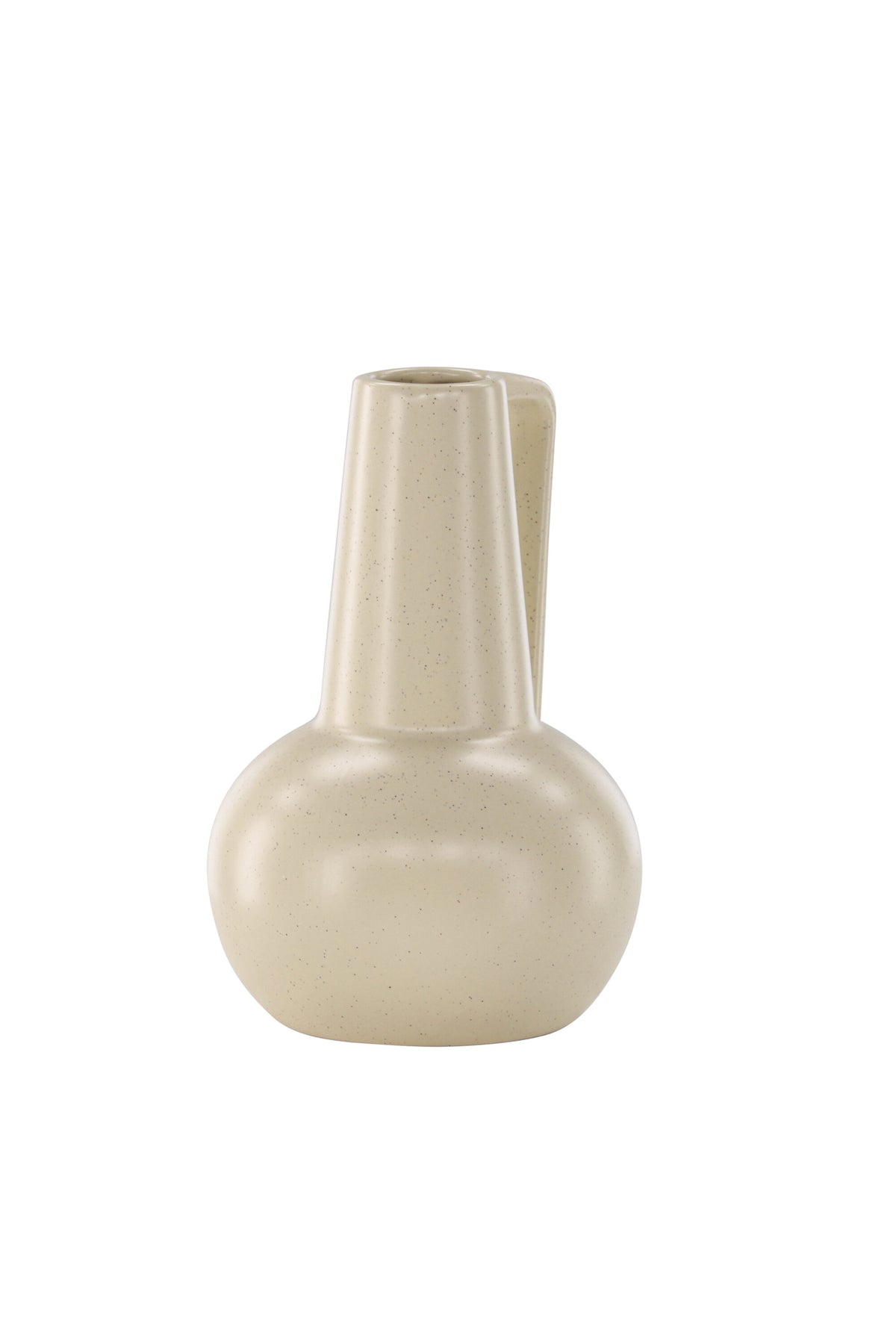 Zylindrische Vase aus Steinzeug in Beige und Schwarz mit seitlichem Griff, matte Oberfläche, Höhe 22 cm, Durchmesser 10 cm.