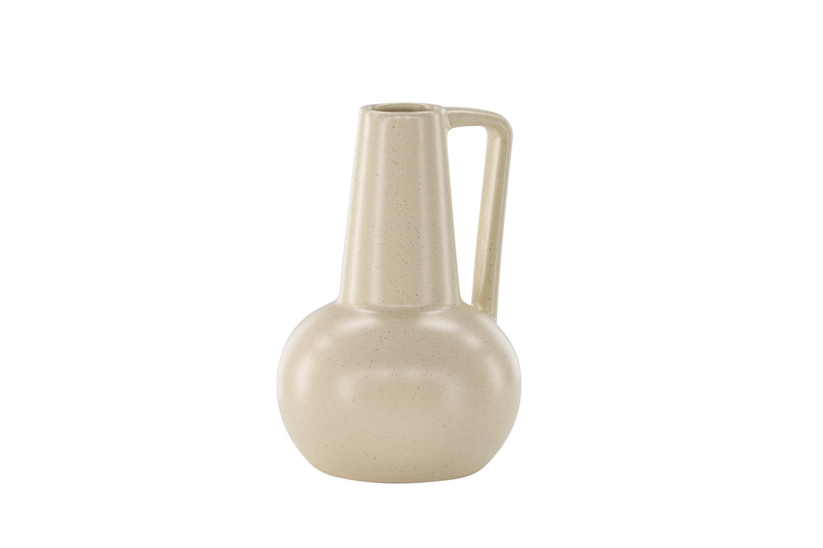 Zylindrische Vase aus Steinzeug in Beige und Schwarz mit seitlichem Griff, matte Oberfläche, Höhe 22 cm, Durchmesser 10 cm.