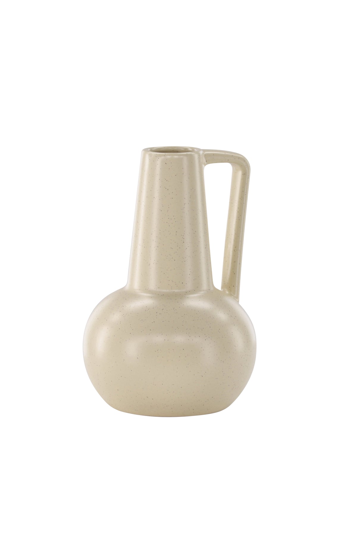 Zylindrische Vase aus Steinzeug in Beige und Schwarz mit seitlichem Griff, matte Oberfläche, Höhe 22 cm, Durchmesser 10 cm.