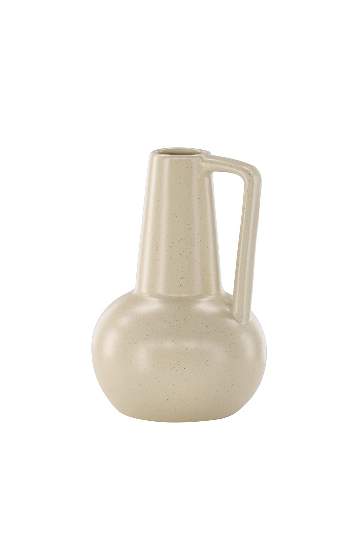 Zylindrische Vase aus Steinzeug in Beige und Schwarz mit seitlichem Griff, matte Oberfläche, Höhe 22 cm, Durchmesser 10 cm.