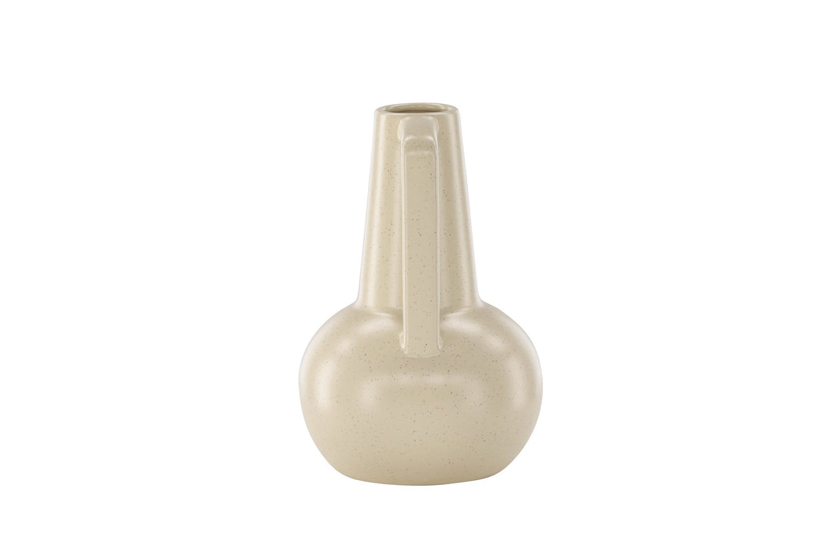Zylindrische Vase aus Steinzeug in Beige und Schwarz mit seitlichem Griff, matte Oberfläche, Höhe 22 cm, Durchmesser 10 cm.