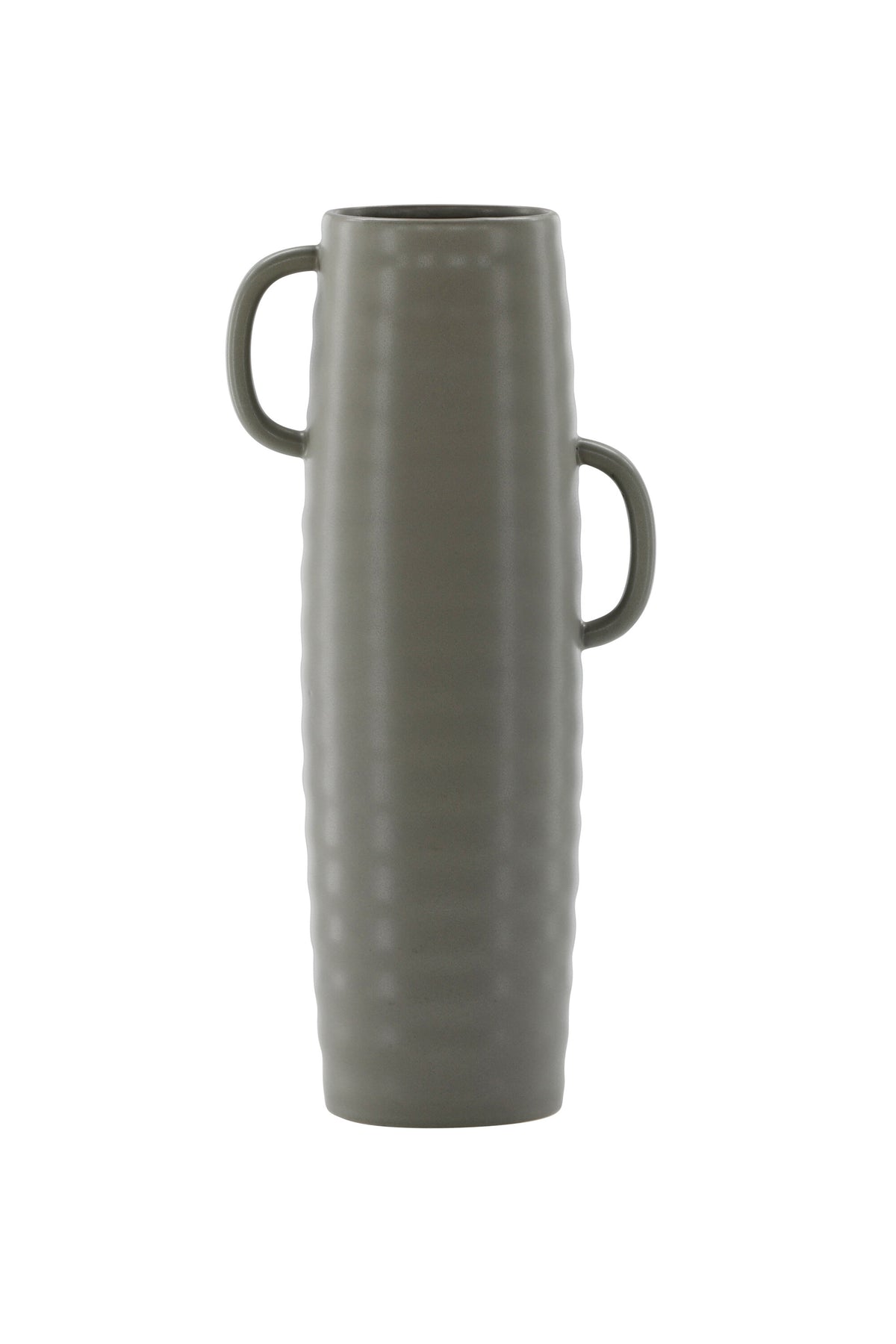 Beige Cent Vase von Venture Home aus Steinzeug mit wellenförmiger Struktur und zwei asymmetrisch angebrachten Griffen an den Seiten.