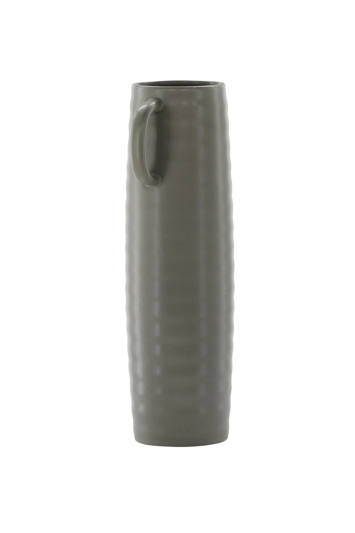 Beige Cent Vase von Venture Home aus Steinzeug mit wellenförmiger Struktur und zwei asymmetrisch angebrachten Griffen an den Seiten.