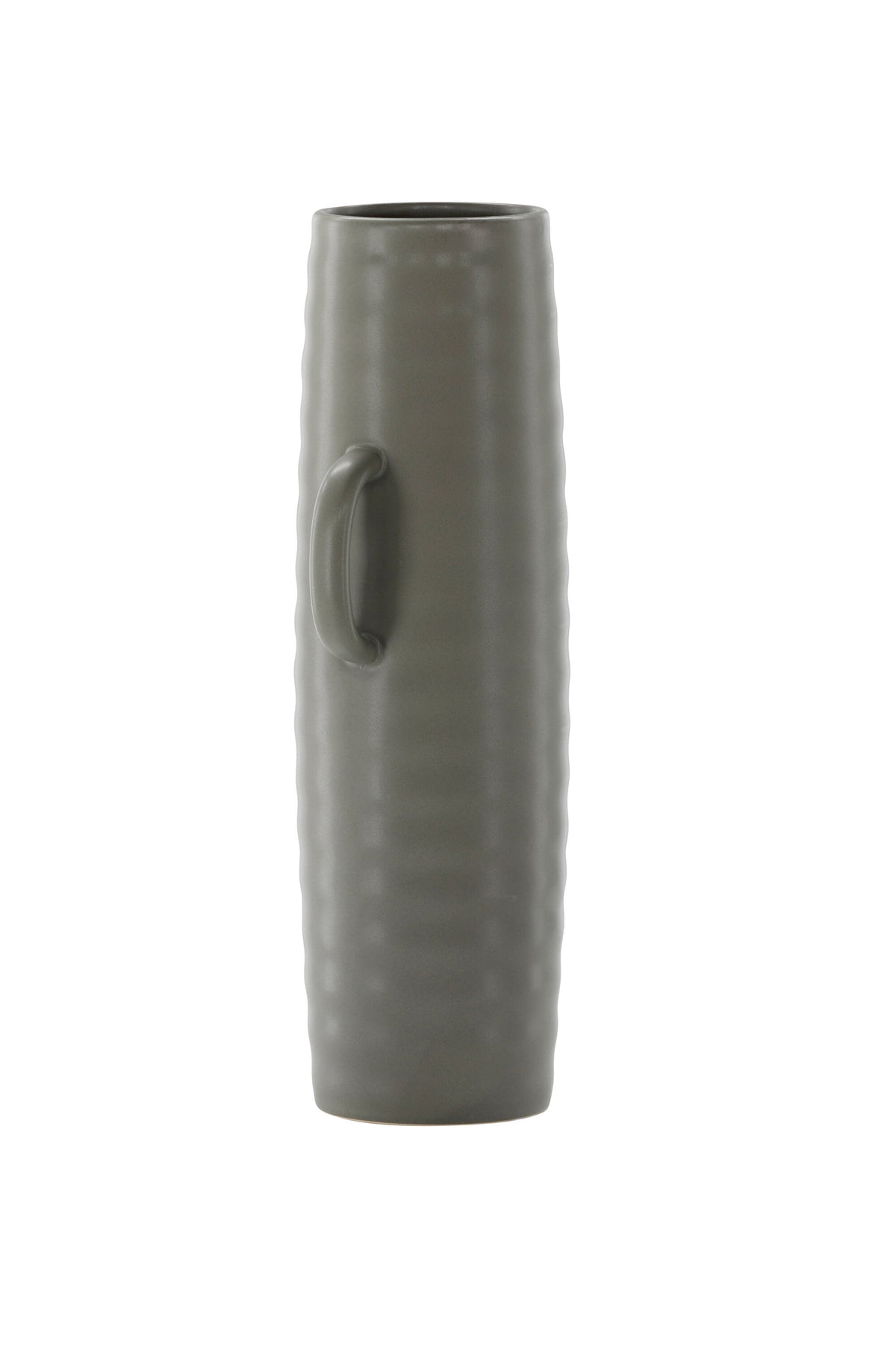 Beige Cent Vase von Venture Home aus Steinzeug mit wellenförmiger Struktur und zwei asymmetrisch angebrachten Griffen an den Seiten.