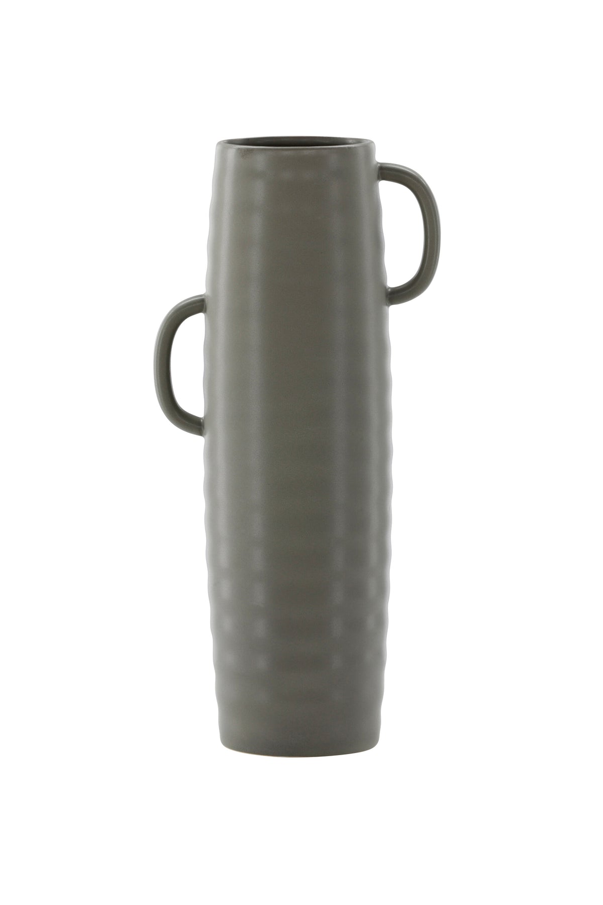 Beige Cent Vase von Venture Home aus Steinzeug mit wellenförmiger Struktur und zwei asymmetrisch angebrachten Griffen an den Seiten.
