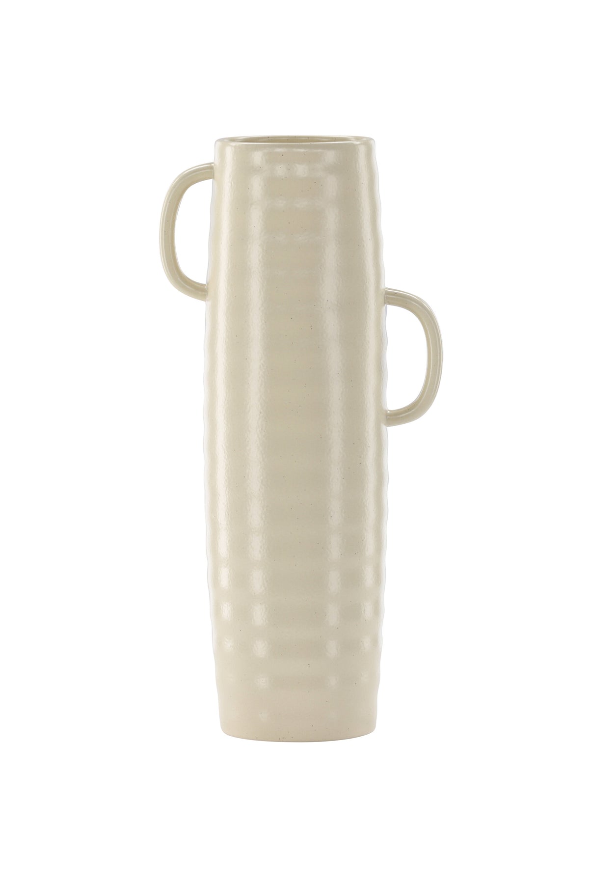 Beige Cent Vase von Venture Home aus Steinzeug mit wellenförmiger Struktur und zwei asymmetrisch angebrachten Griffen an den Seiten.