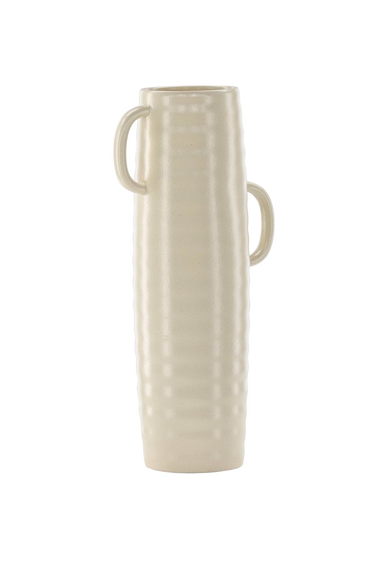 Beige Cent Vase von Venture Home aus Steinzeug mit wellenförmiger Struktur und zwei asymmetrisch angebrachten Griffen an den Seiten.