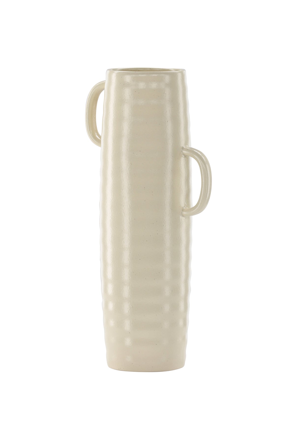 Beige Cent Vase von Venture Home aus Steinzeug mit wellenförmiger Struktur und zwei asymmetrisch angebrachten Griffen an den Seiten.