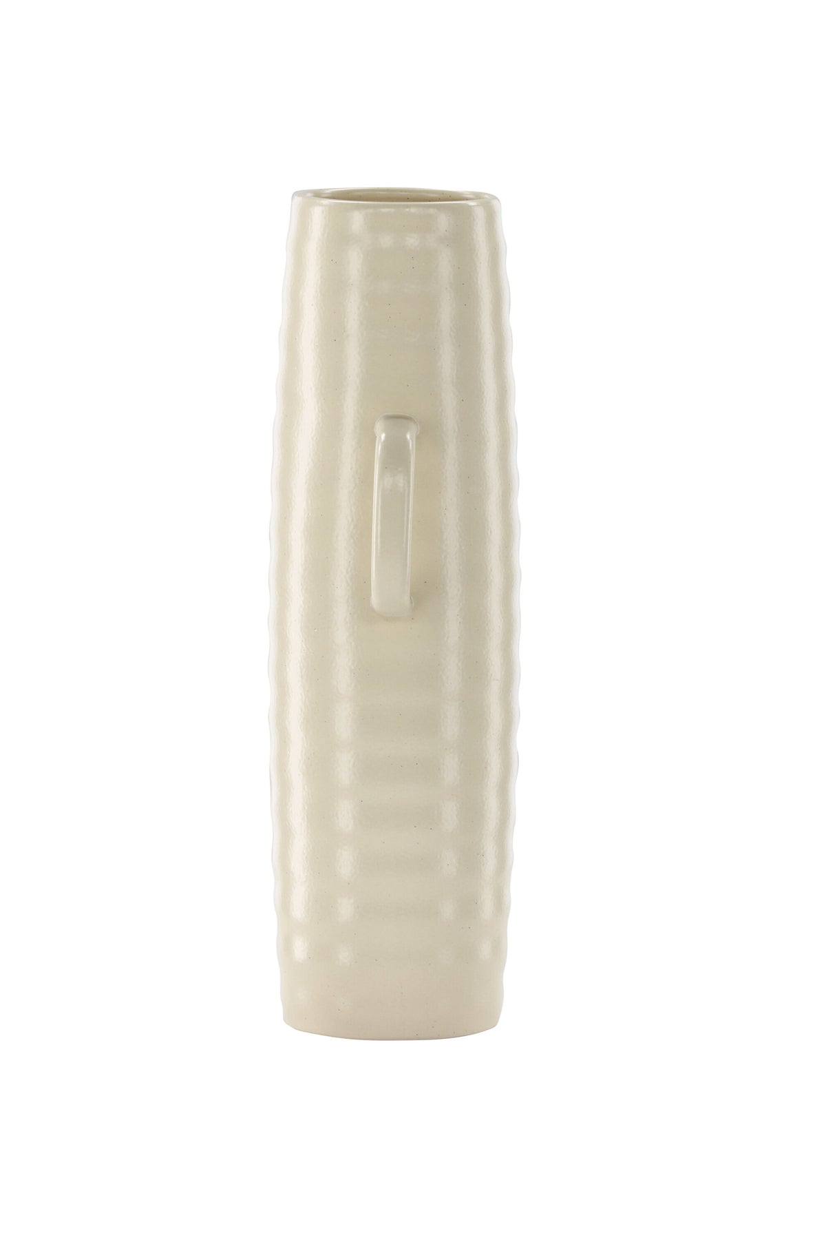 Beige Cent Vase von Venture Home aus Steinzeug mit wellenförmiger Struktur und zwei asymmetrisch angebrachten Griffen an den Seiten.