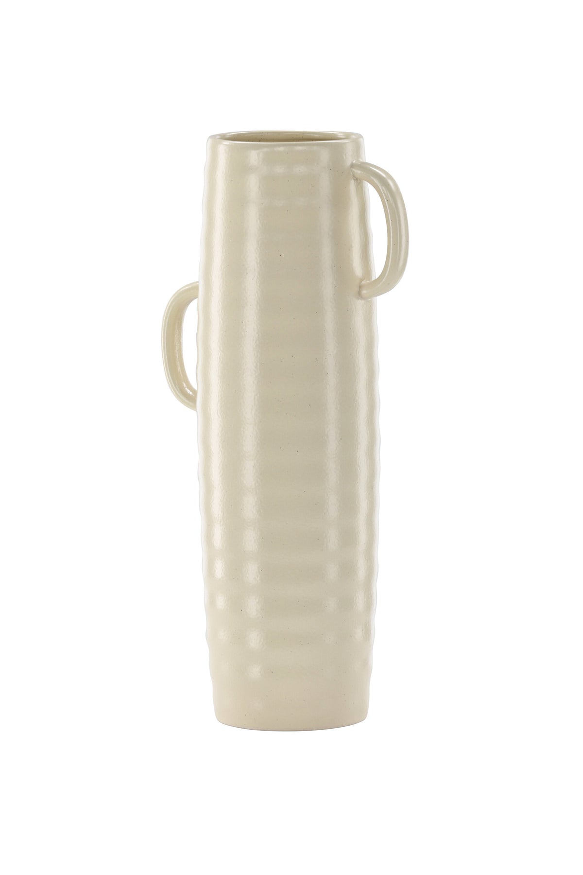 Beige Cent Vase von Venture Home aus Steinzeug mit wellenförmiger Struktur und zwei asymmetrisch angebrachten Griffen an den Seiten.