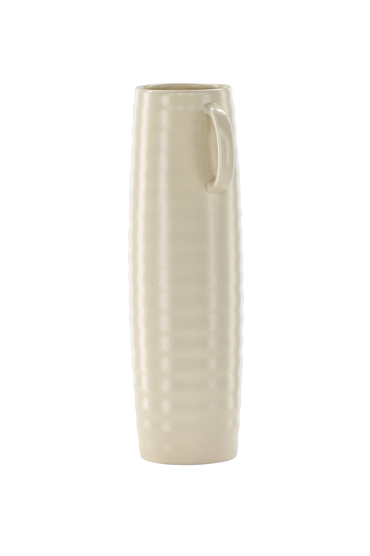 Beige Cent Vase von Venture Home aus Steinzeug mit wellenförmiger Struktur und zwei asymmetrisch angebrachten Griffen an den Seiten.