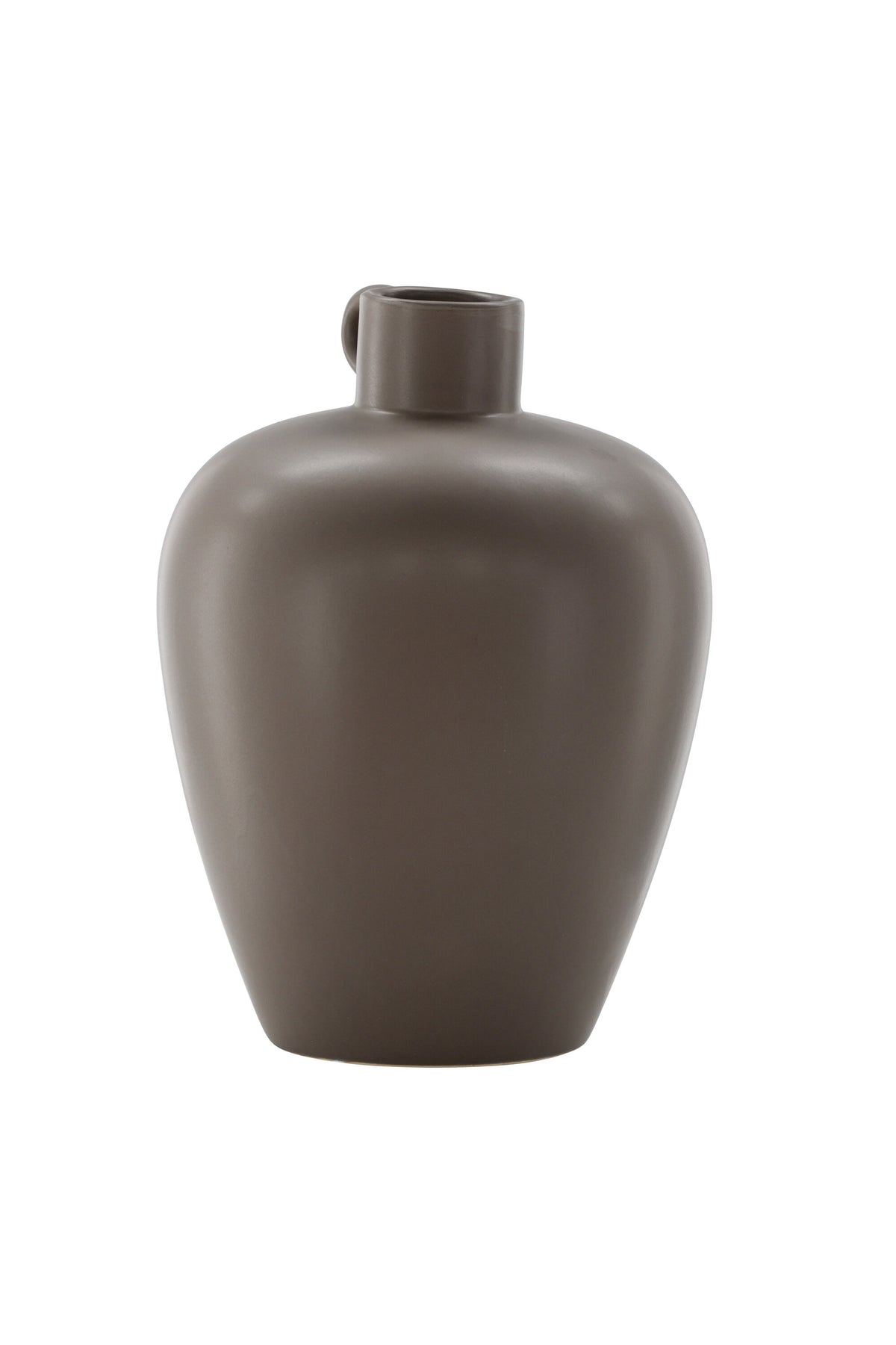 Beige Cent Vase von Venture Home aus Steinzeug mit wellenförmiger Struktur und zwei asymmetrisch angebrachten Griffen an den Seiten.