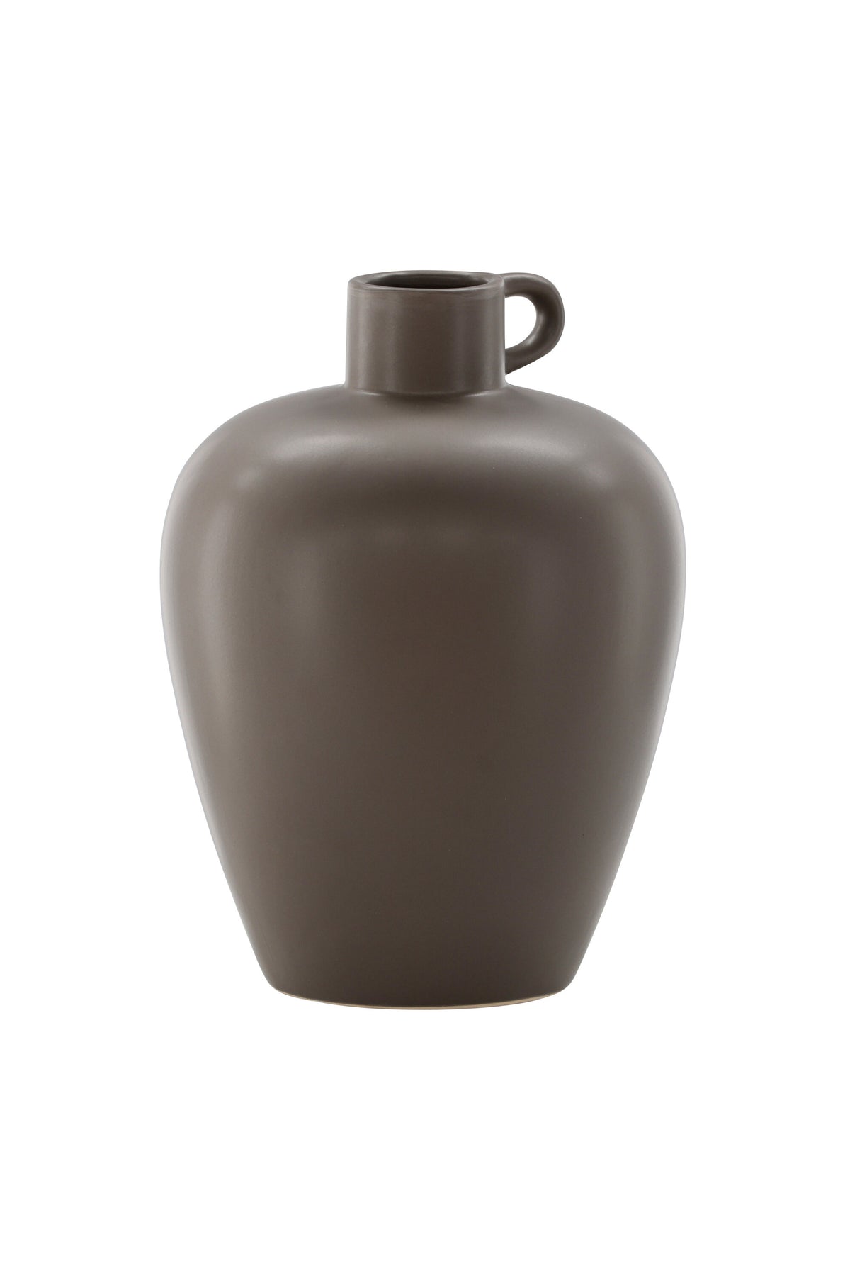 Beige Cent Vase von Venture Home aus Steinzeug mit wellenförmiger Struktur und zwei asymmetrisch angebrachten Griffen an den Seiten.