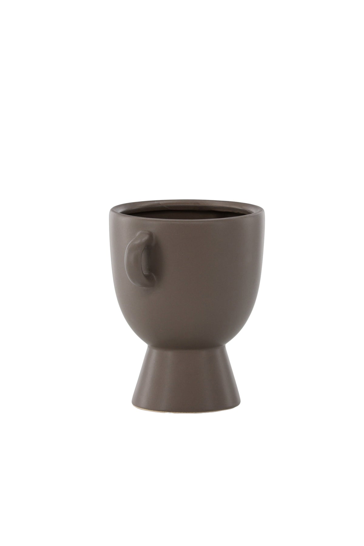 Beige Cent Vase von Venture Home aus Steinzeug mit wellenförmiger Struktur und zwei asymmetrisch angebrachten Griffen an den Seiten.