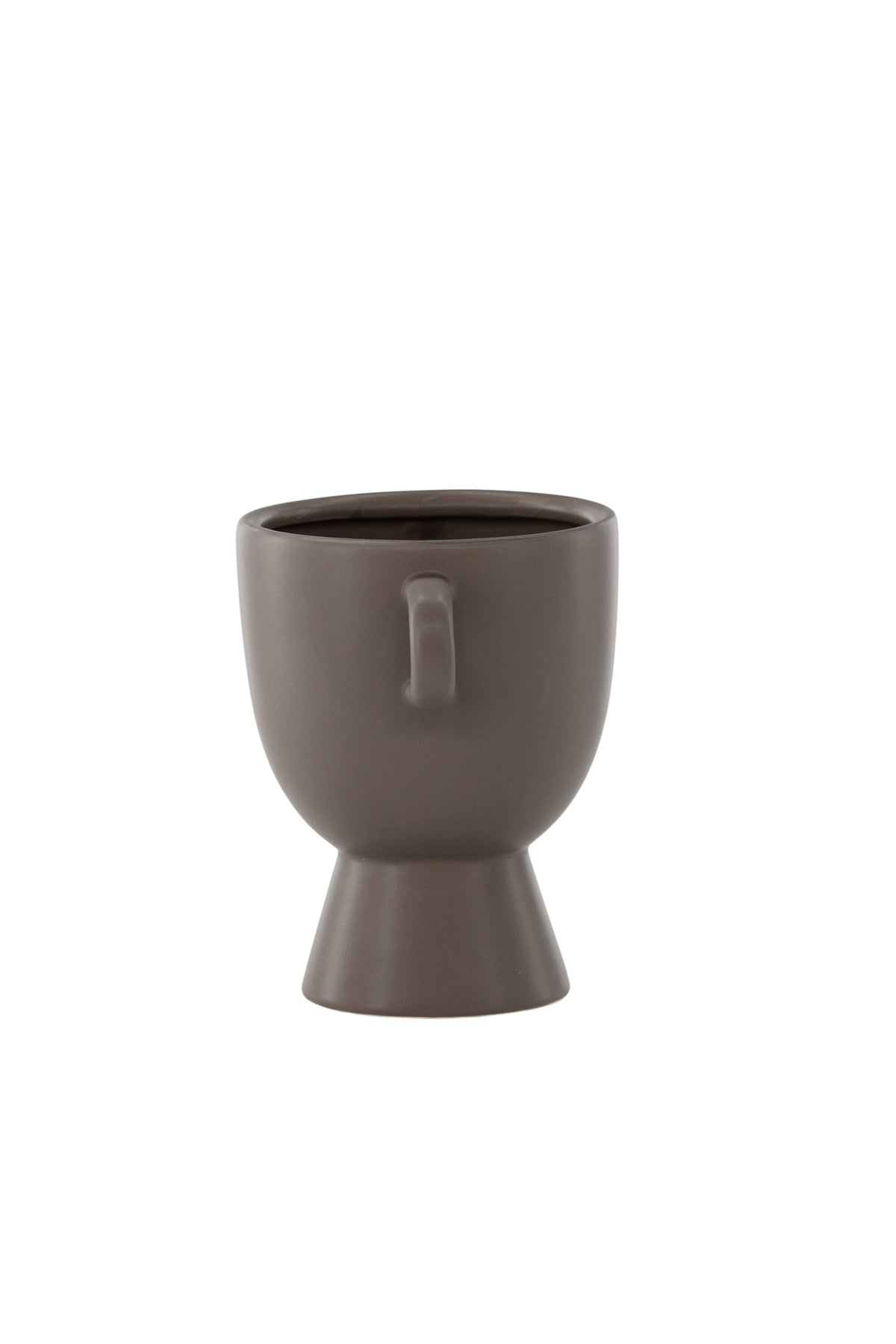 Beige Cent Vase von Venture Home aus Steinzeug mit wellenförmiger Struktur und zwei asymmetrisch angebrachten Griffen an den Seiten.