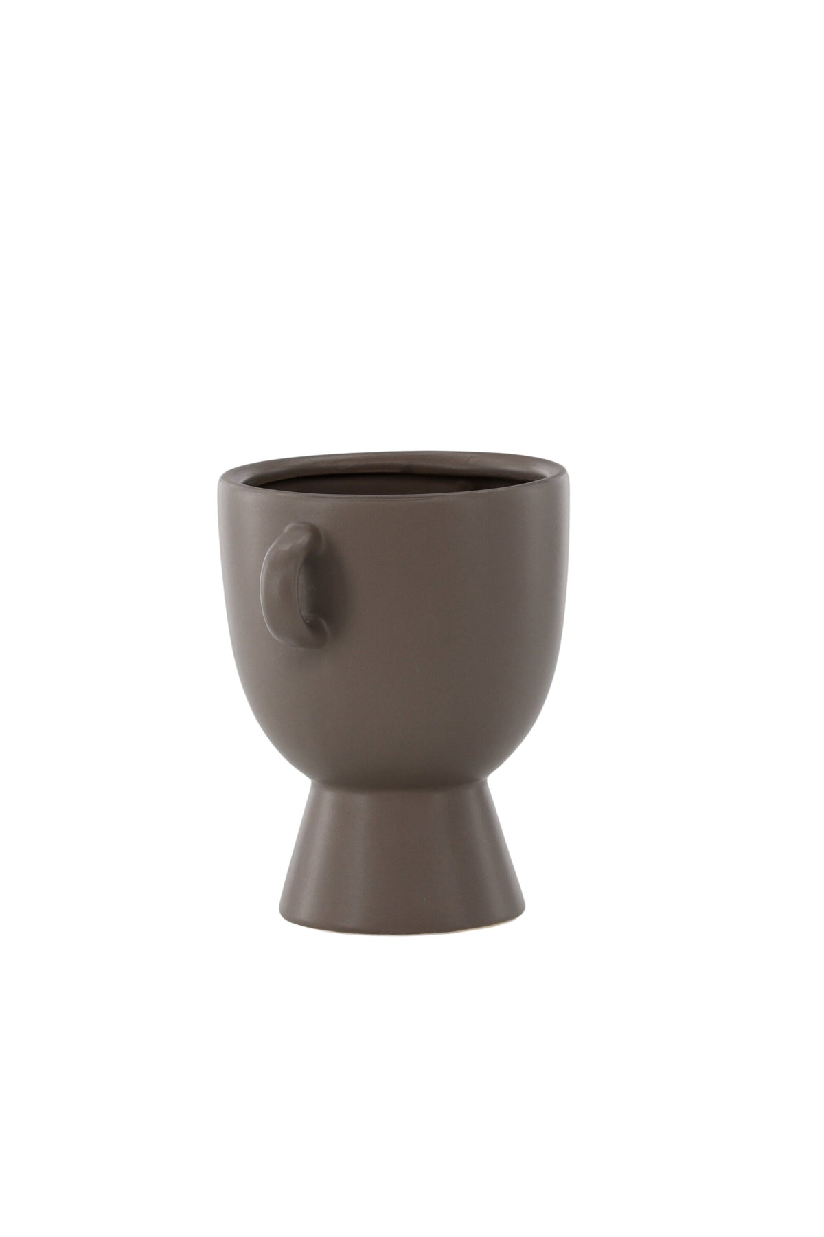 Beige Cent Vase von Venture Home aus Steinzeug mit wellenförmiger Struktur und zwei asymmetrisch angebrachten Griffen an den Seiten.