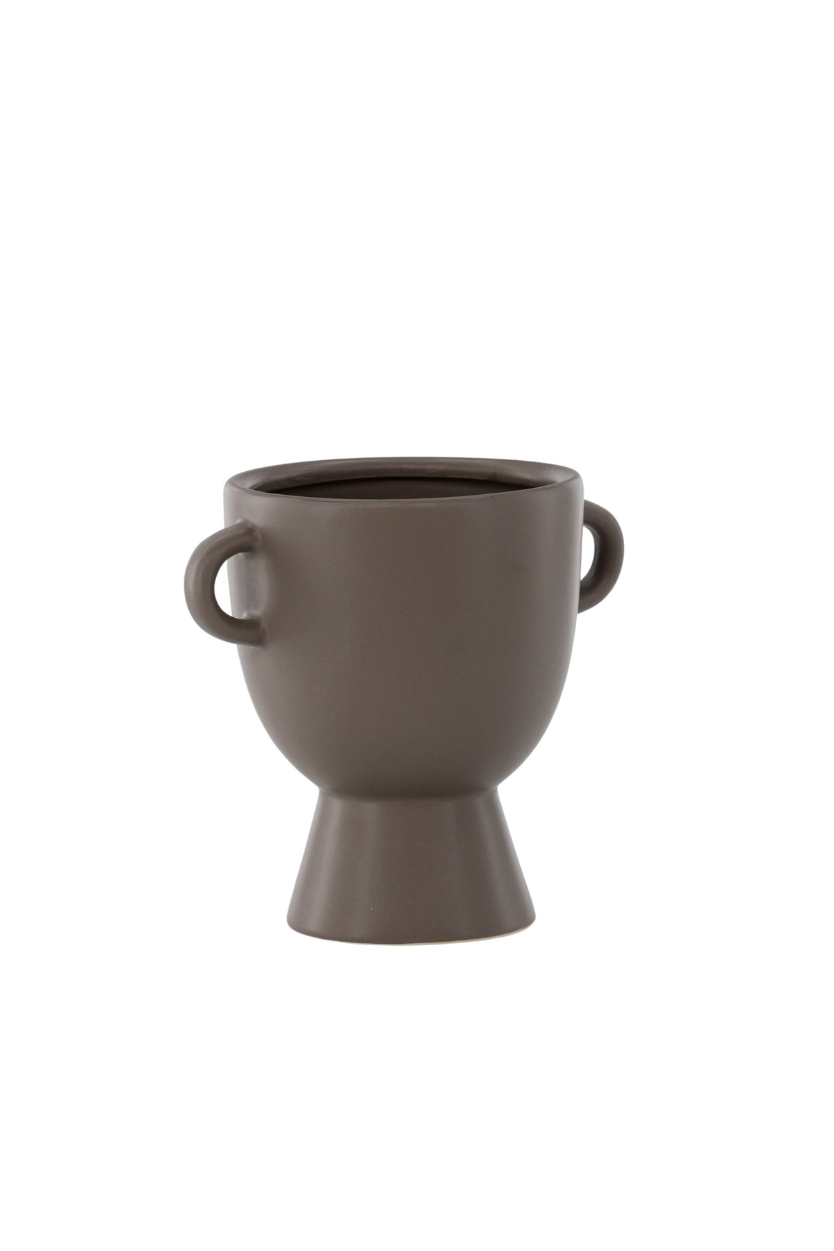 Beige Cent Vase von Venture Home aus Steinzeug mit wellenförmiger Struktur und zwei asymmetrisch angebrachten Griffen an den Seiten.
