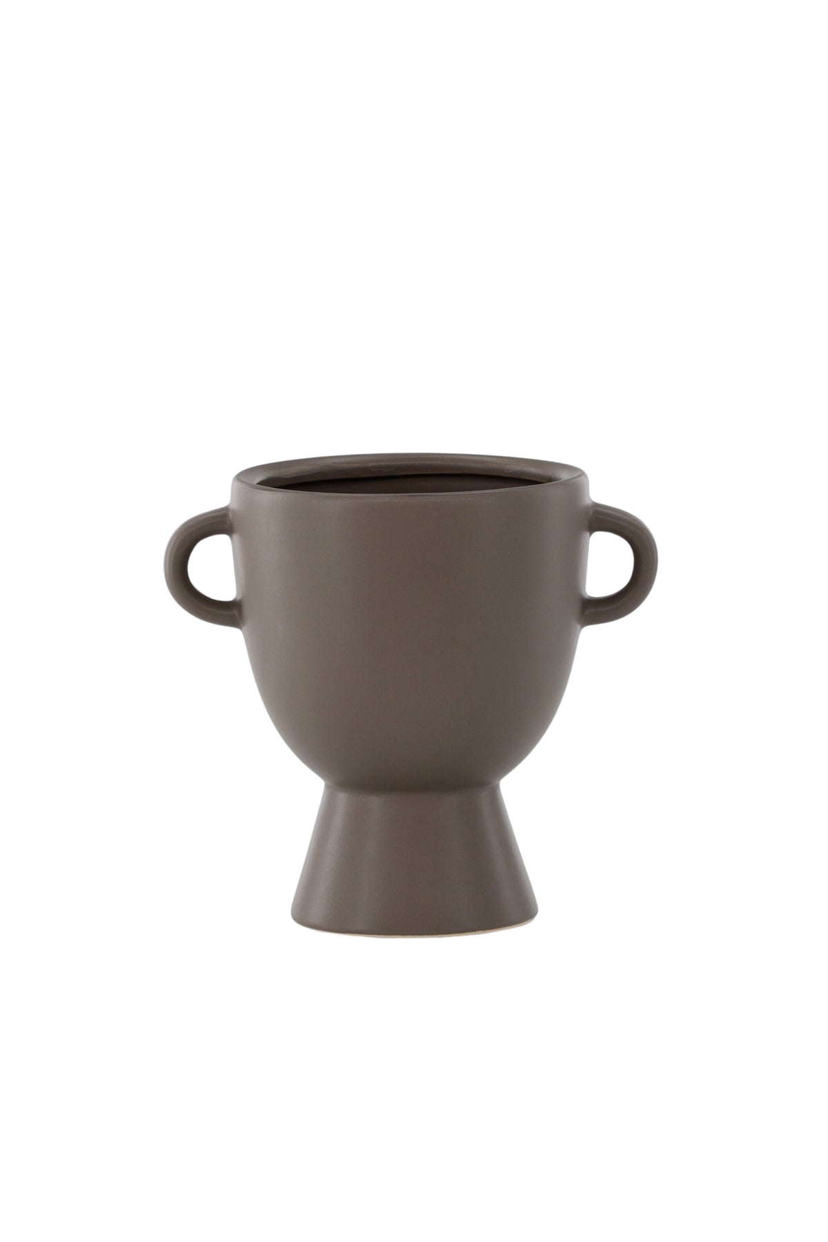 Beige Cent Vase von Venture Home aus Steinzeug mit wellenförmiger Struktur und zwei asymmetrisch angebrachten Griffen an den Seiten.