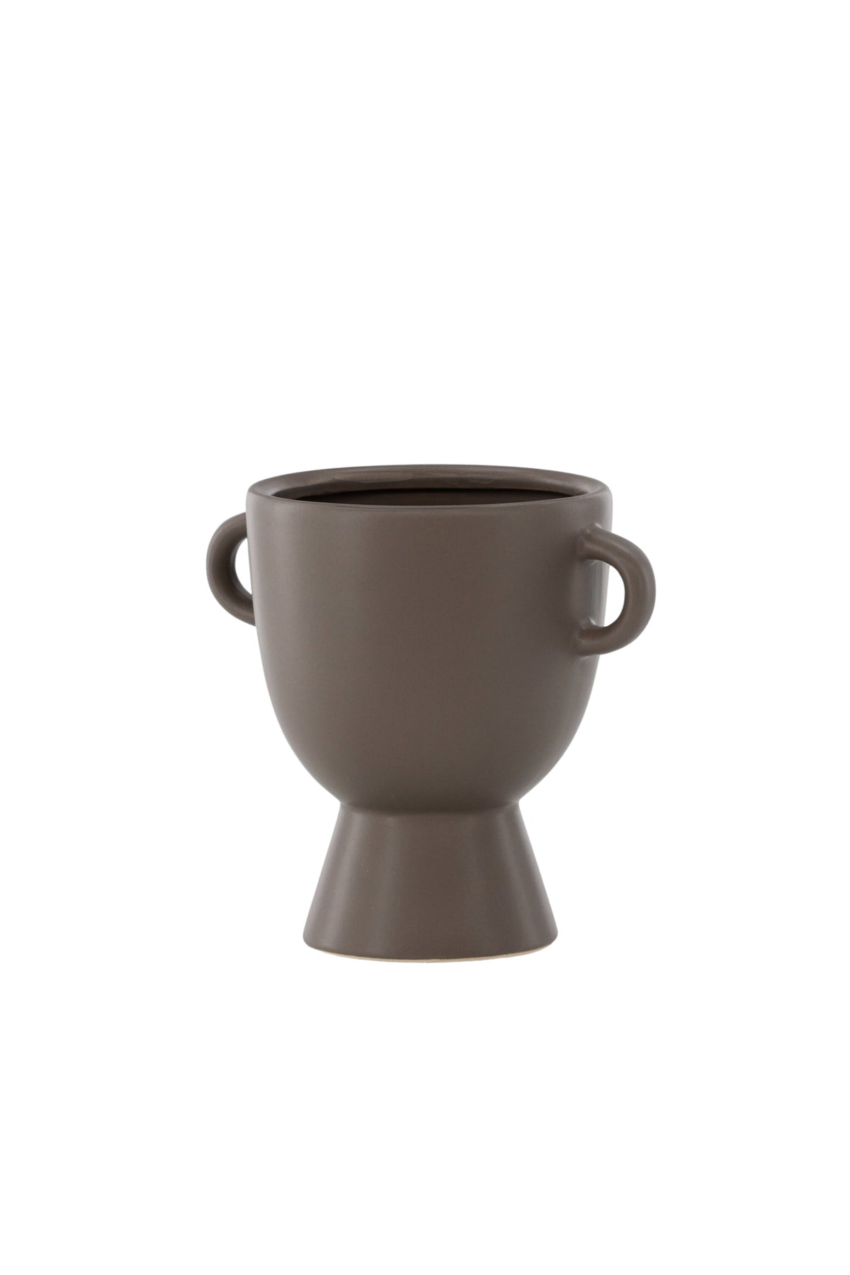 Beige Cent Vase von Venture Home aus Steinzeug mit wellenförmiger Struktur und zwei asymmetrisch angebrachten Griffen an den Seiten.