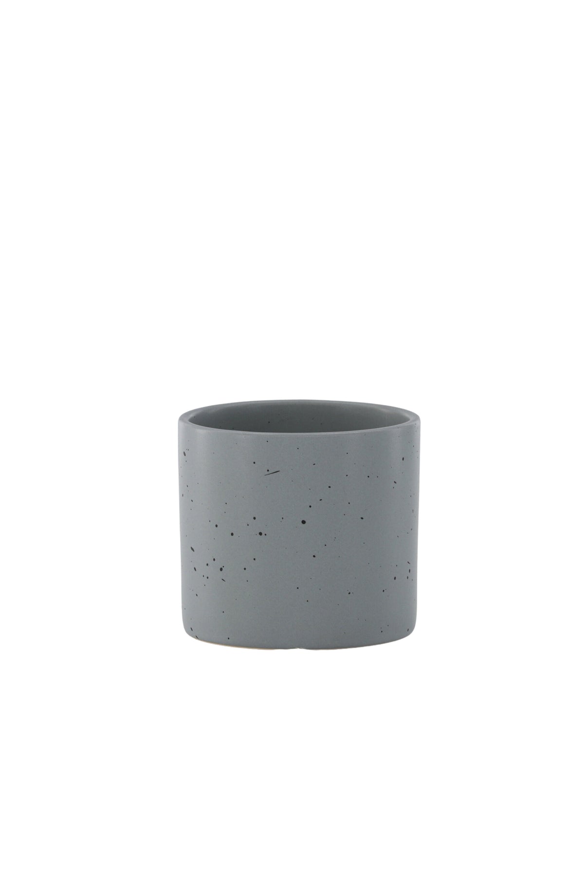 Schwarz-dunkelgraue Vase Sane aus Steinzeug mit gepunktetem Muster, rundlicher Form, Durchmesser 11 cm und Höhe 10 cm.