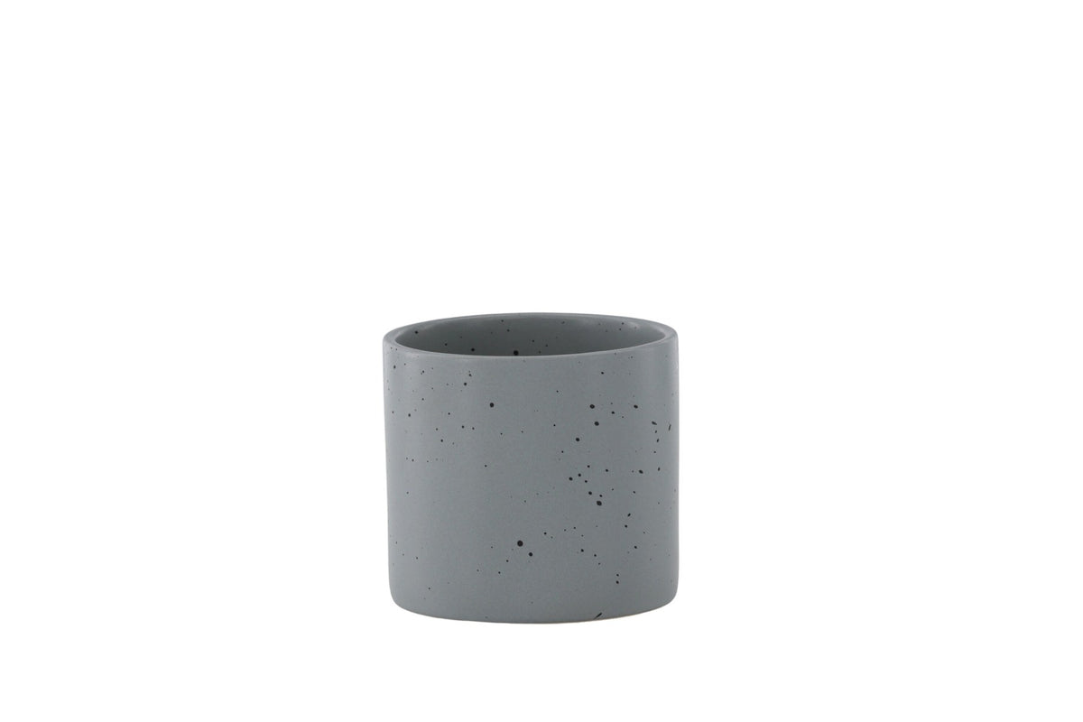 Schwarz-dunkelgraue Vase Sane aus Steinzeug mit gepunktetem Muster, rundlicher Form, Durchmesser 11 cm und Höhe 10 cm.