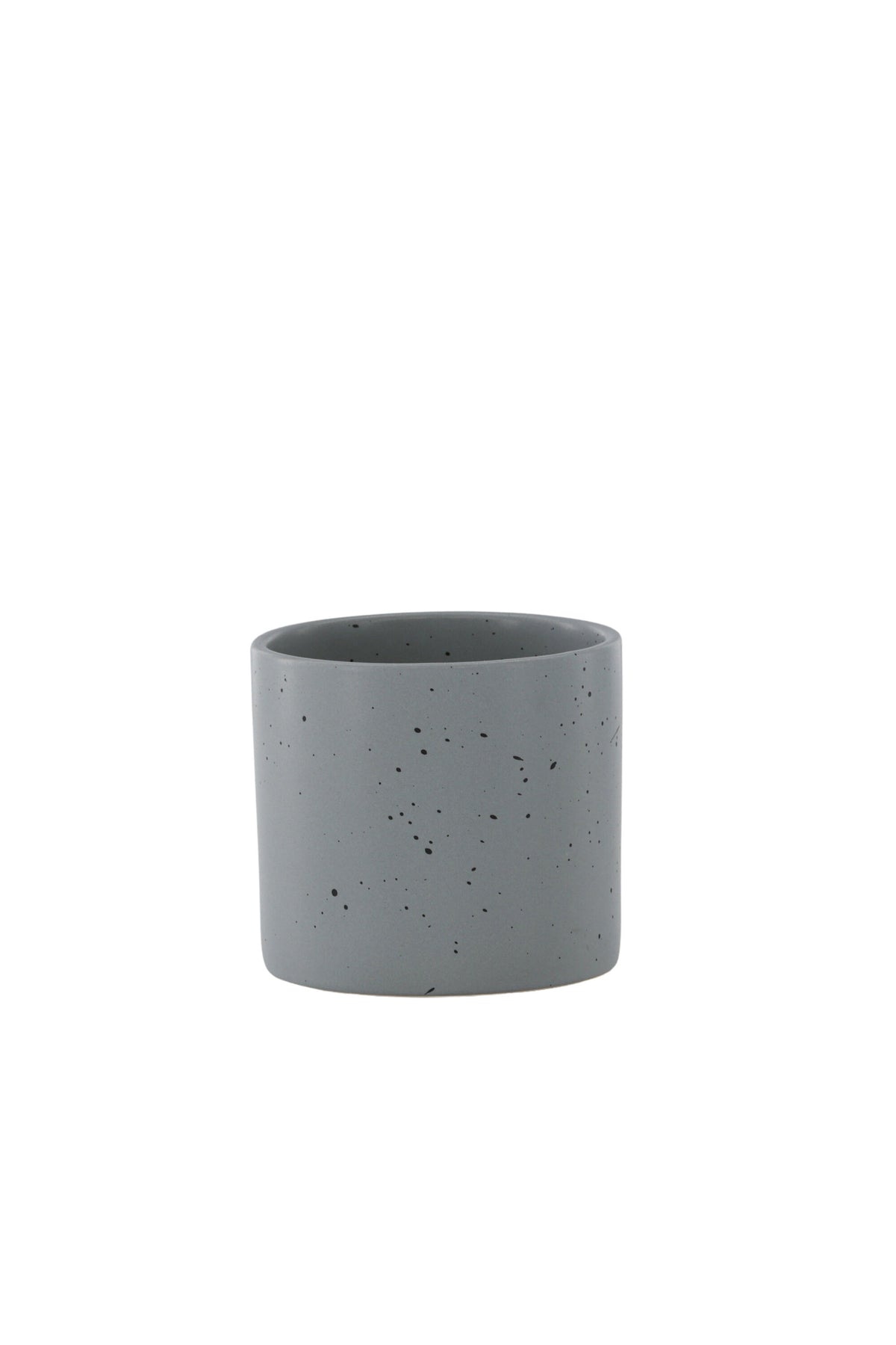 Schwarz-dunkelgraue Vase Sane aus Steinzeug mit gepunktetem Muster, rundlicher Form, Durchmesser 11 cm und Höhe 10 cm.