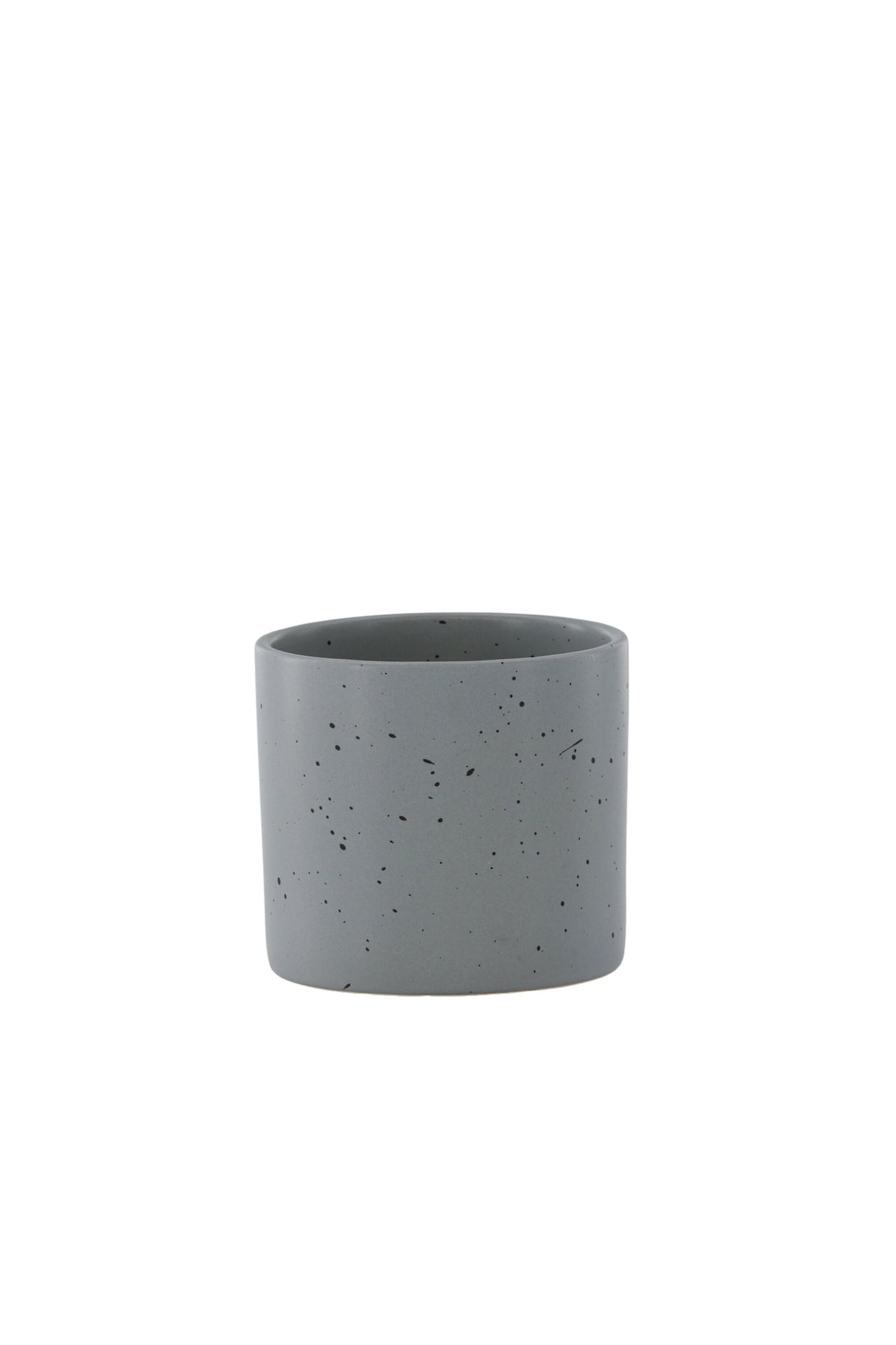 Schwarz-dunkelgraue Vase Sane aus Steinzeug mit gepunktetem Muster, rundlicher Form, Durchmesser 11 cm und Höhe 10 cm.