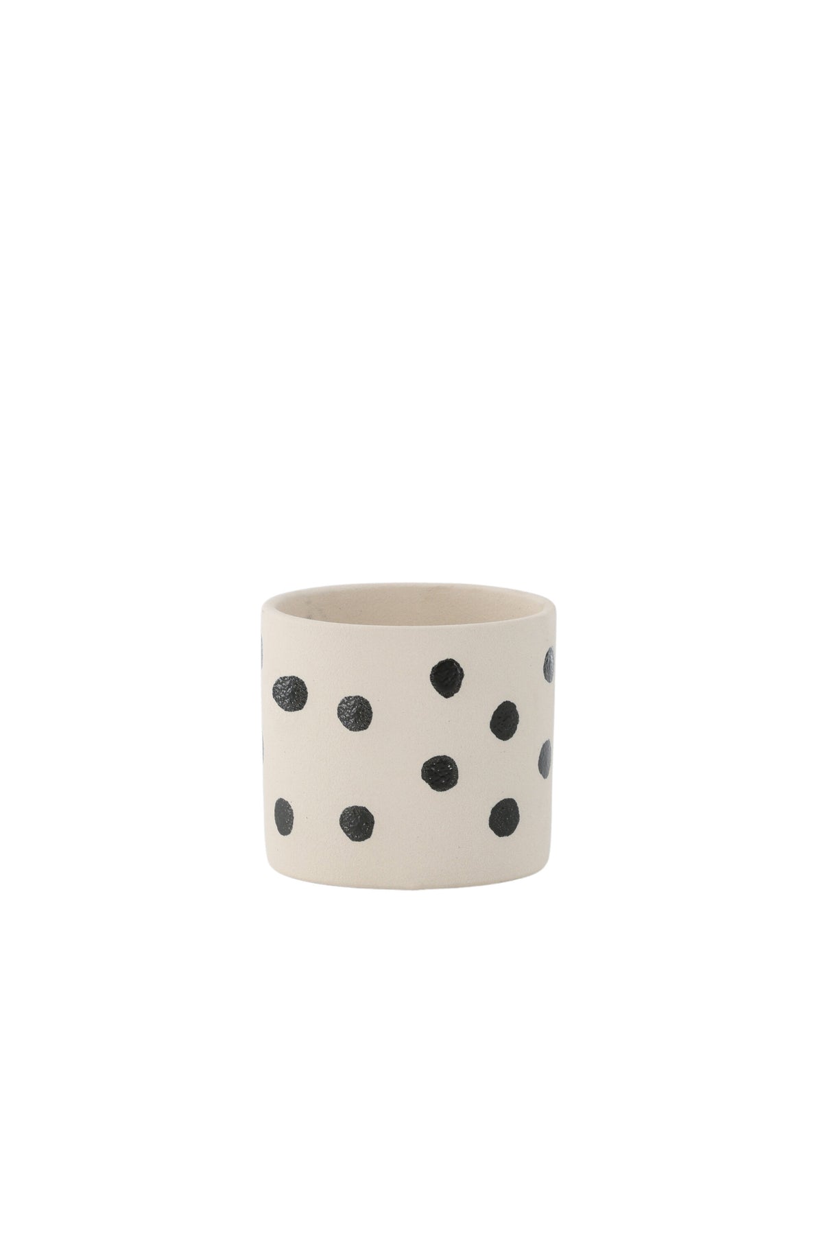 Schwarz-dunkelgraue Vase Sane aus Steinzeug mit gepunktetem Muster, rundlicher Form, Durchmesser 11 cm und Höhe 10 cm.