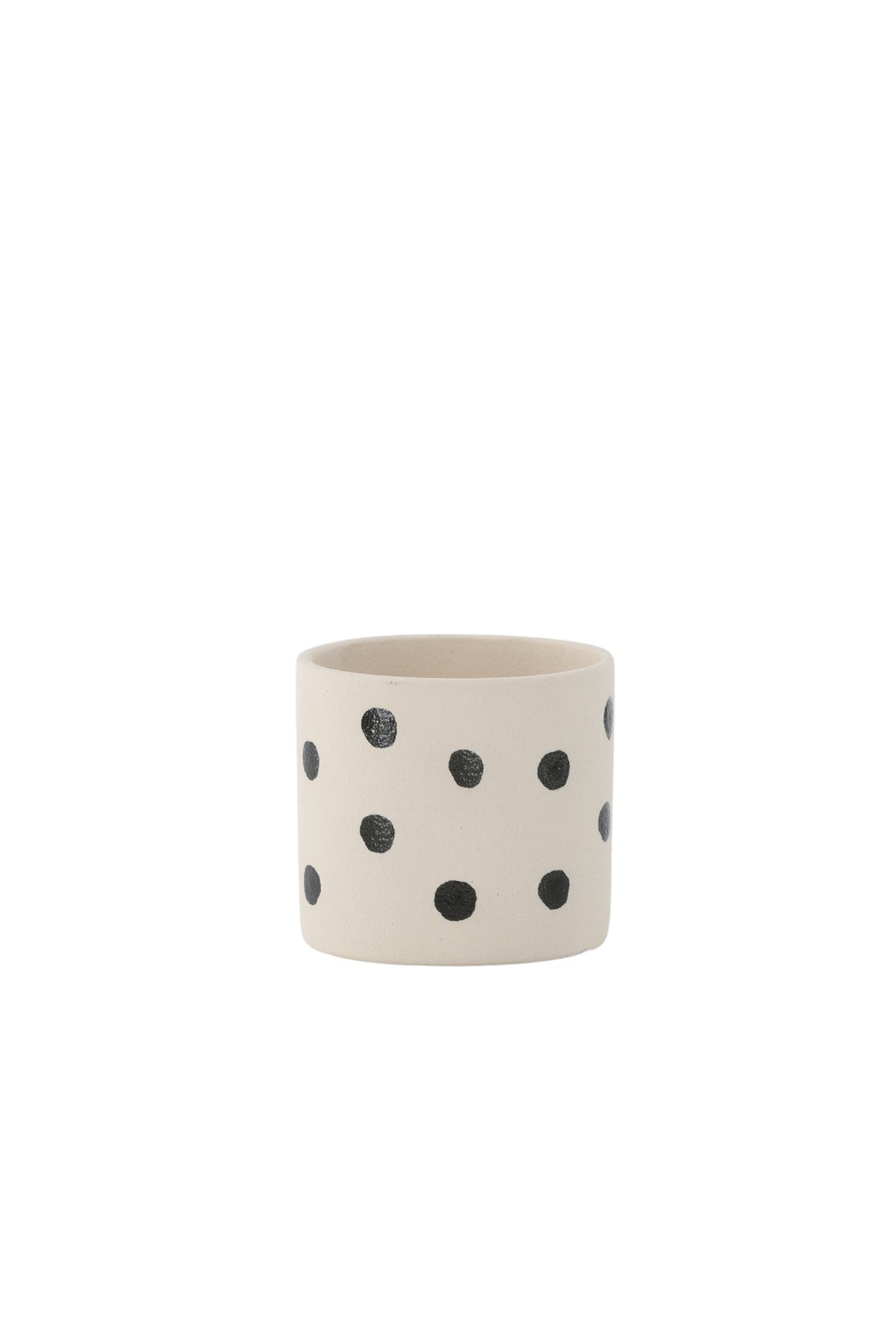 Schwarz-dunkelgraue Vase Sane aus Steinzeug mit gepunktetem Muster, rundlicher Form, Durchmesser 11 cm und Höhe 10 cm.