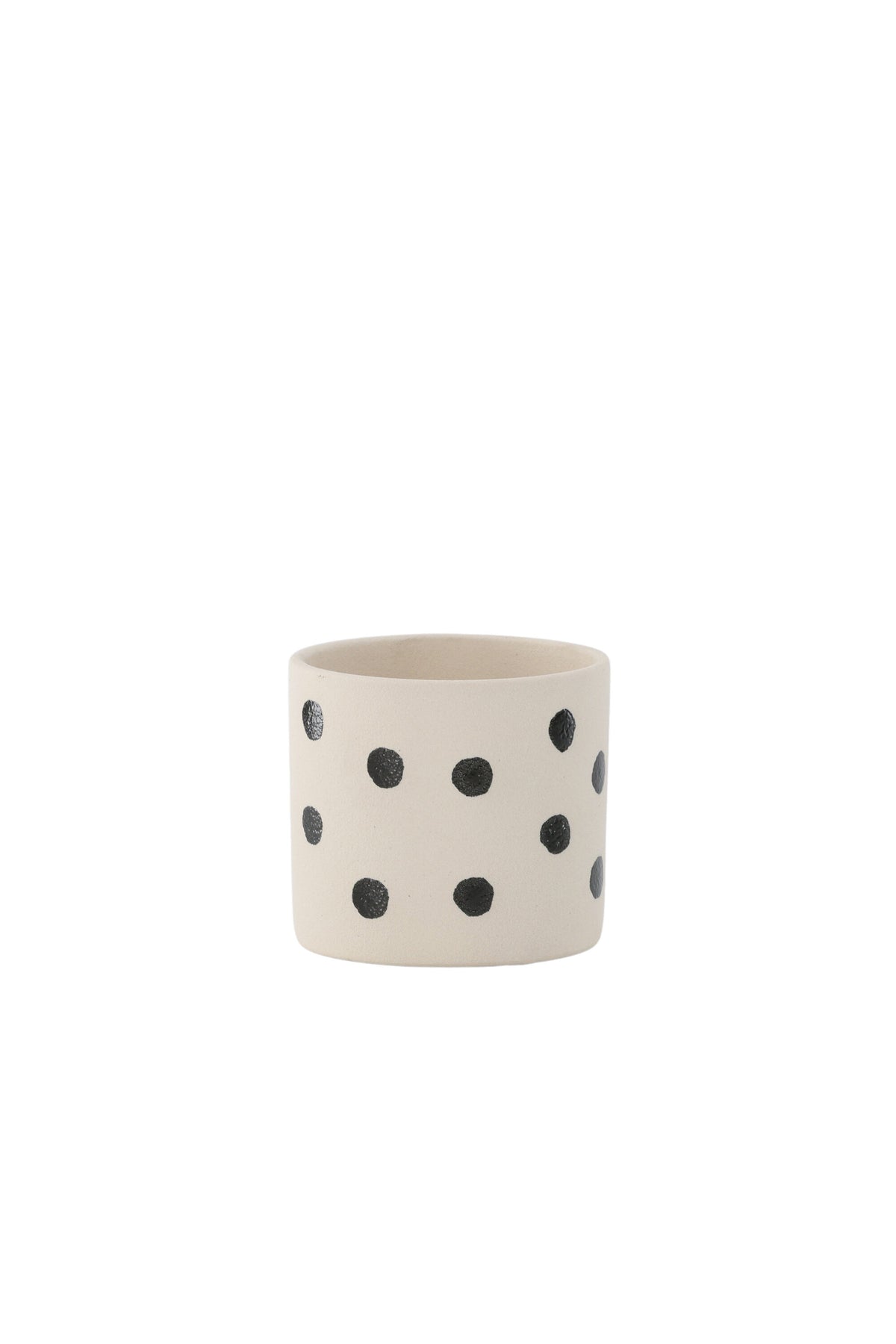 Schwarz-dunkelgraue Vase Sane aus Steinzeug mit gepunktetem Muster, rundlicher Form, Durchmesser 11 cm und Höhe 10 cm.