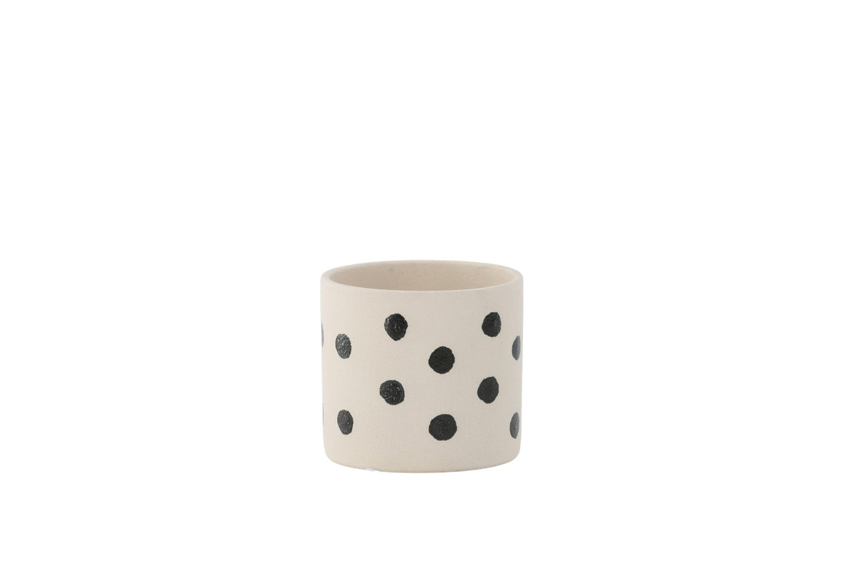 Schwarz-dunkelgraue Vase Sane aus Steinzeug mit gepunktetem Muster, rundlicher Form, Durchmesser 11 cm und Höhe 10 cm.