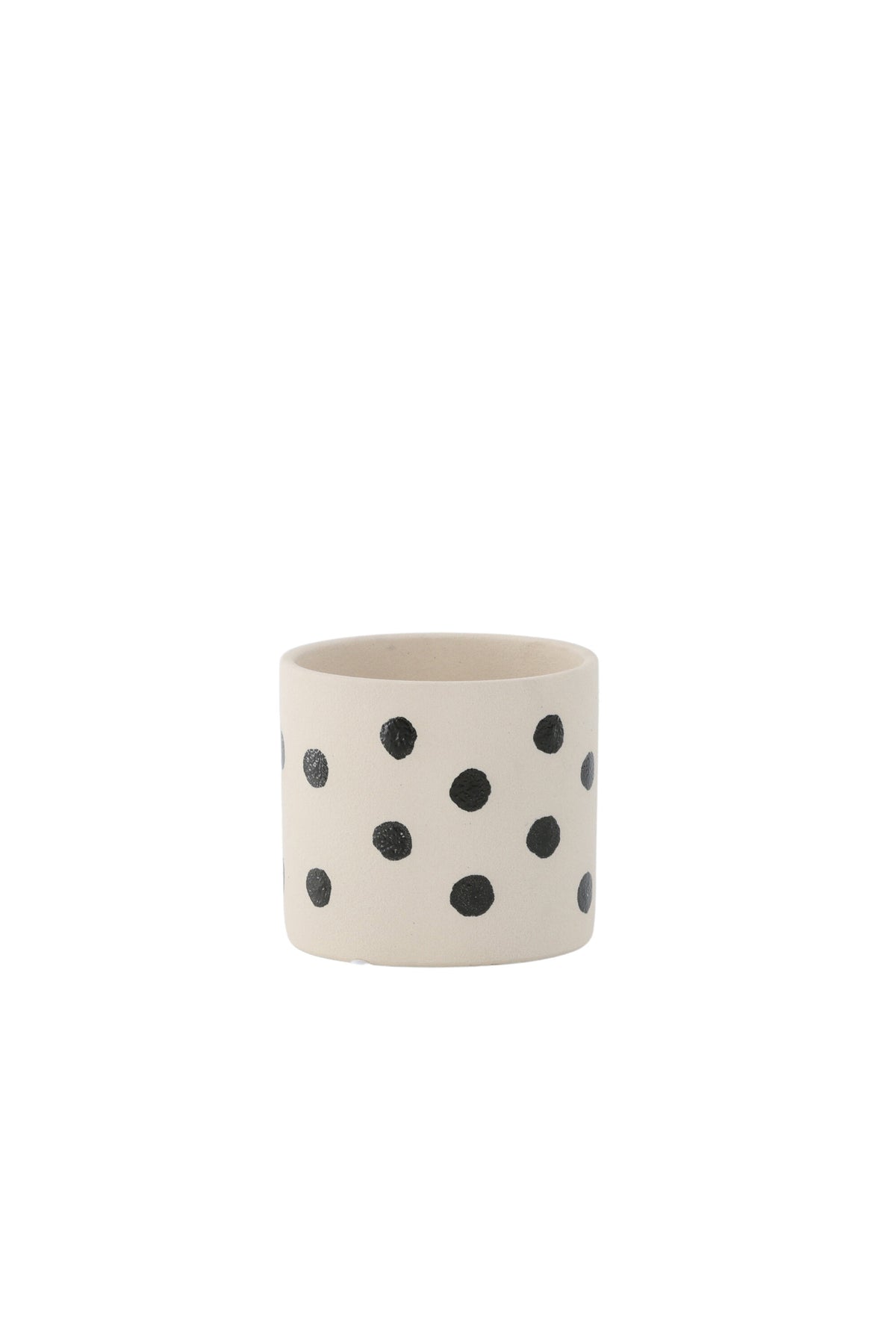 Schwarz-dunkelgraue Vase Sane aus Steinzeug mit gepunktetem Muster, rundlicher Form, Durchmesser 11 cm und Höhe 10 cm.