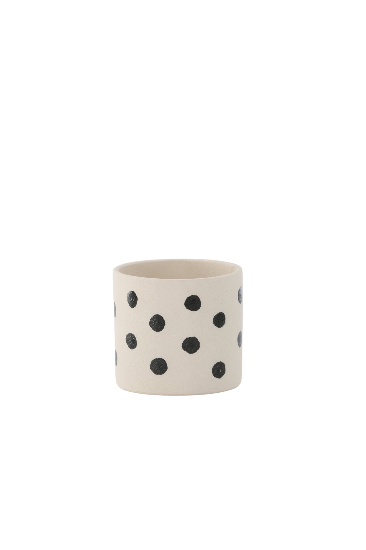 Schwarz-dunkelgraue Vase Sane aus Steinzeug mit gepunktetem Muster, rundlicher Form, Durchmesser 11 cm und Höhe 10 cm.
