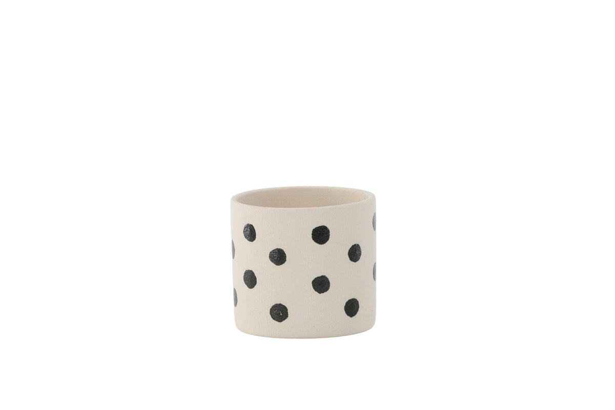 Schwarz-dunkelgraue Vase Sane aus Steinzeug mit gepunktetem Muster, rundlicher Form, Durchmesser 11 cm und Höhe 10 cm.