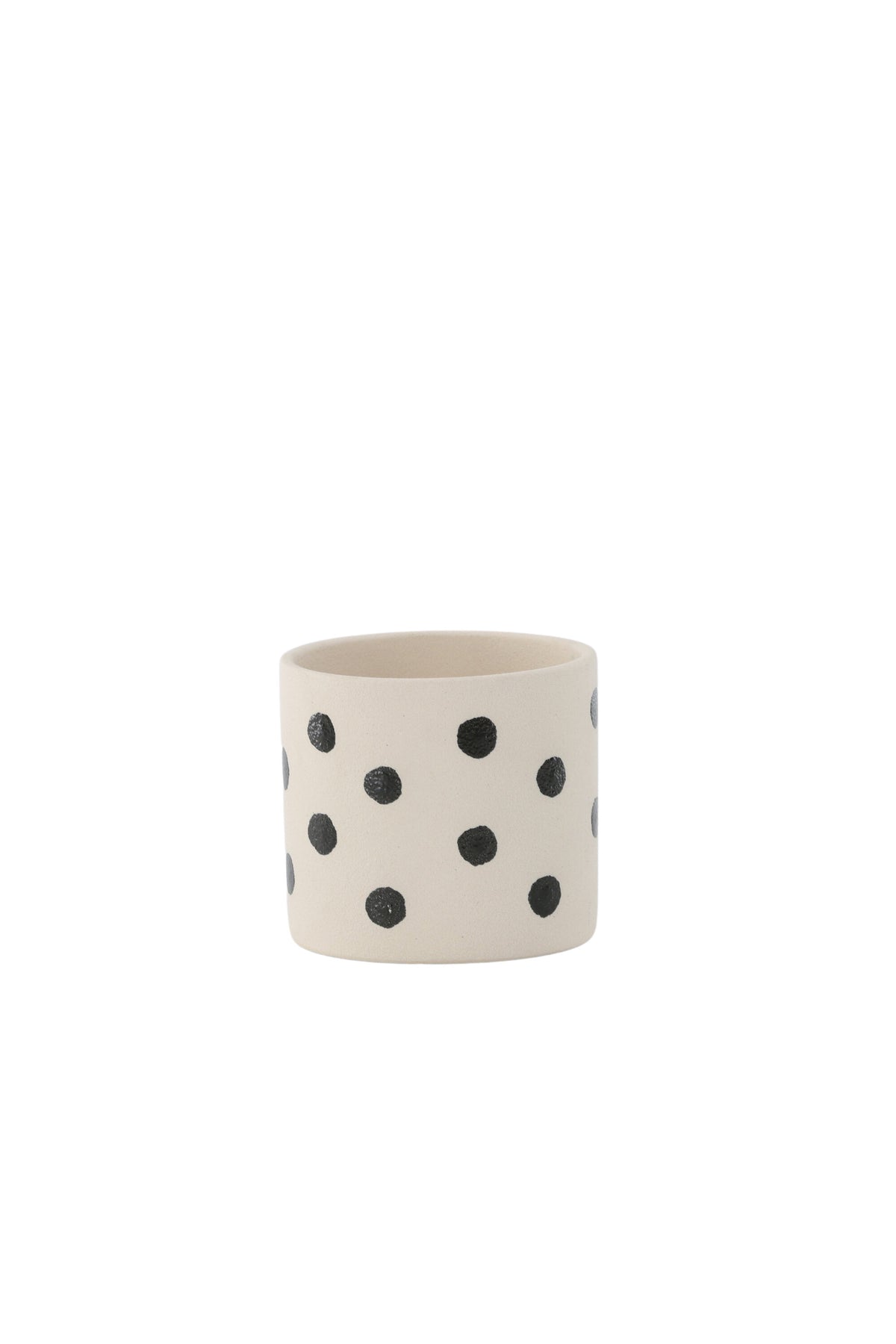 Schwarz-dunkelgraue Vase Sane aus Steinzeug mit gepunktetem Muster, rundlicher Form, Durchmesser 11 cm und Höhe 10 cm.