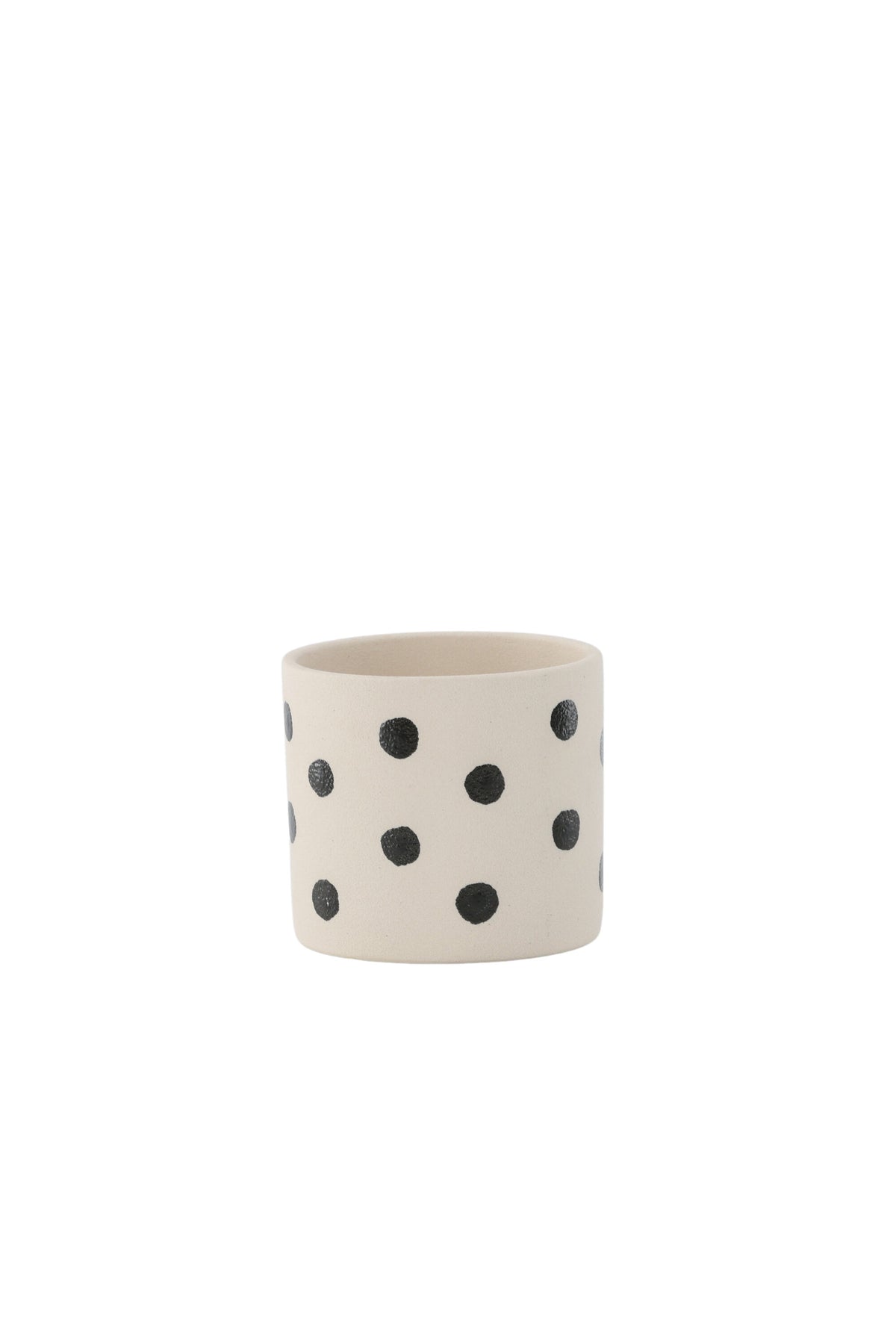 Schwarz-dunkelgraue Vase Sane aus Steinzeug mit gepunktetem Muster, rundlicher Form, Durchmesser 11 cm und Höhe 10 cm.