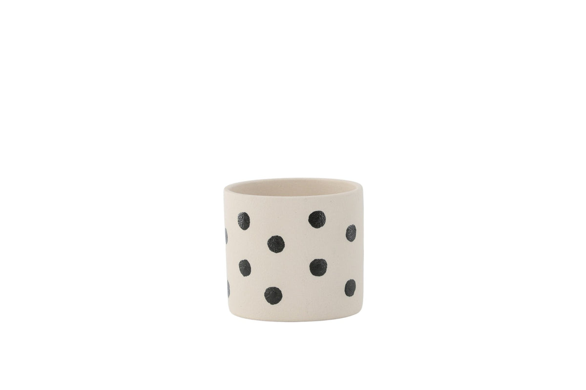Schwarz-dunkelgraue Vase Sane aus Steinzeug mit gepunktetem Muster, rundlicher Form, Durchmesser 11 cm und Höhe 10 cm.