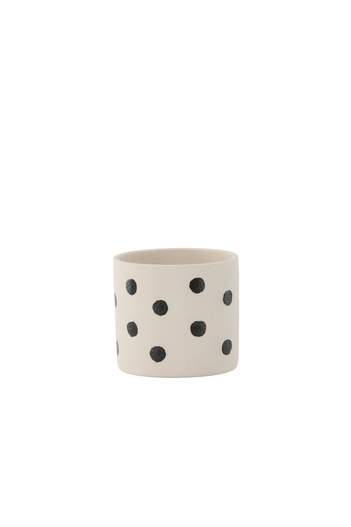 Schwarz-dunkelgraue Vase Sane aus Steinzeug mit gepunktetem Muster, rundlicher Form, Durchmesser 11 cm und Höhe 10 cm.