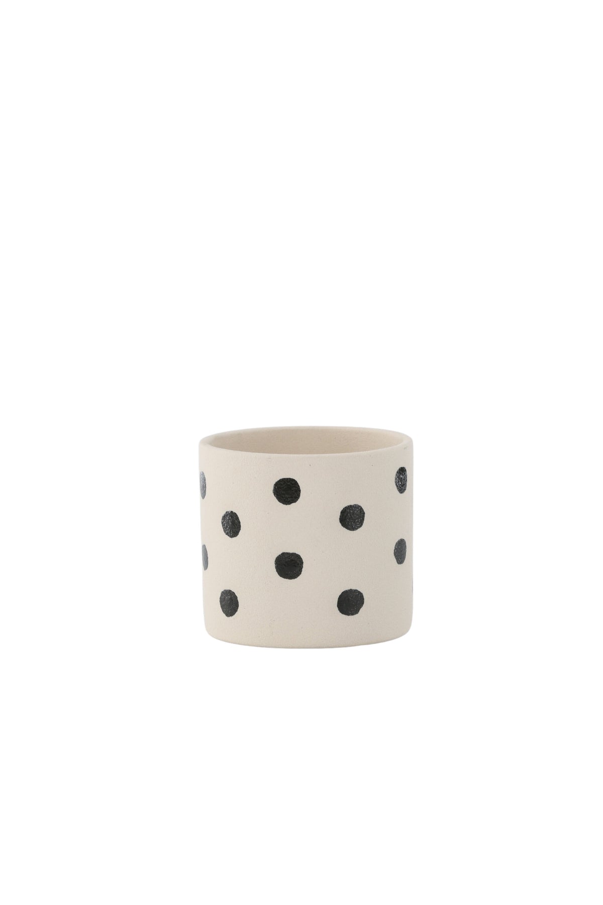 Schwarz-dunkelgraue Vase Sane aus Steinzeug mit gepunktetem Muster, rundlicher Form, Durchmesser 11 cm und Höhe 10 cm.