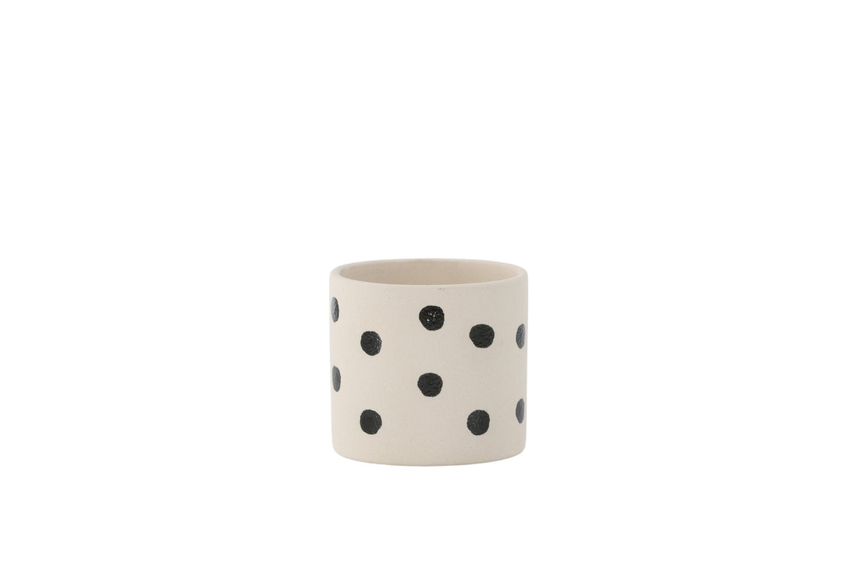 Schwarz-dunkelgraue Vase Sane aus Steinzeug mit gepunktetem Muster, rundlicher Form, Durchmesser 11 cm und Höhe 10 cm.