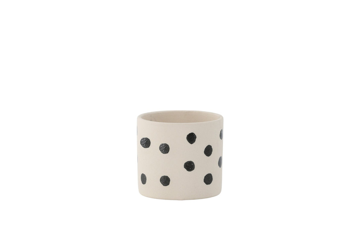 Schwarz-dunkelgraue Vase Sane aus Steinzeug mit gepunktetem Muster, rundlicher Form, Durchmesser 11 cm und Höhe 10 cm.