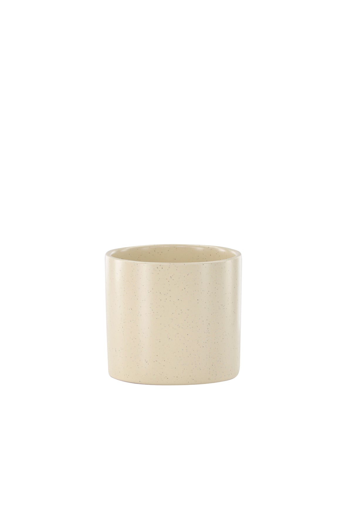 Schwarz-dunkelgraue Vase Sane aus Steinzeug mit gepunktetem Muster, rundlicher Form, Durchmesser 11 cm und Höhe 10 cm.