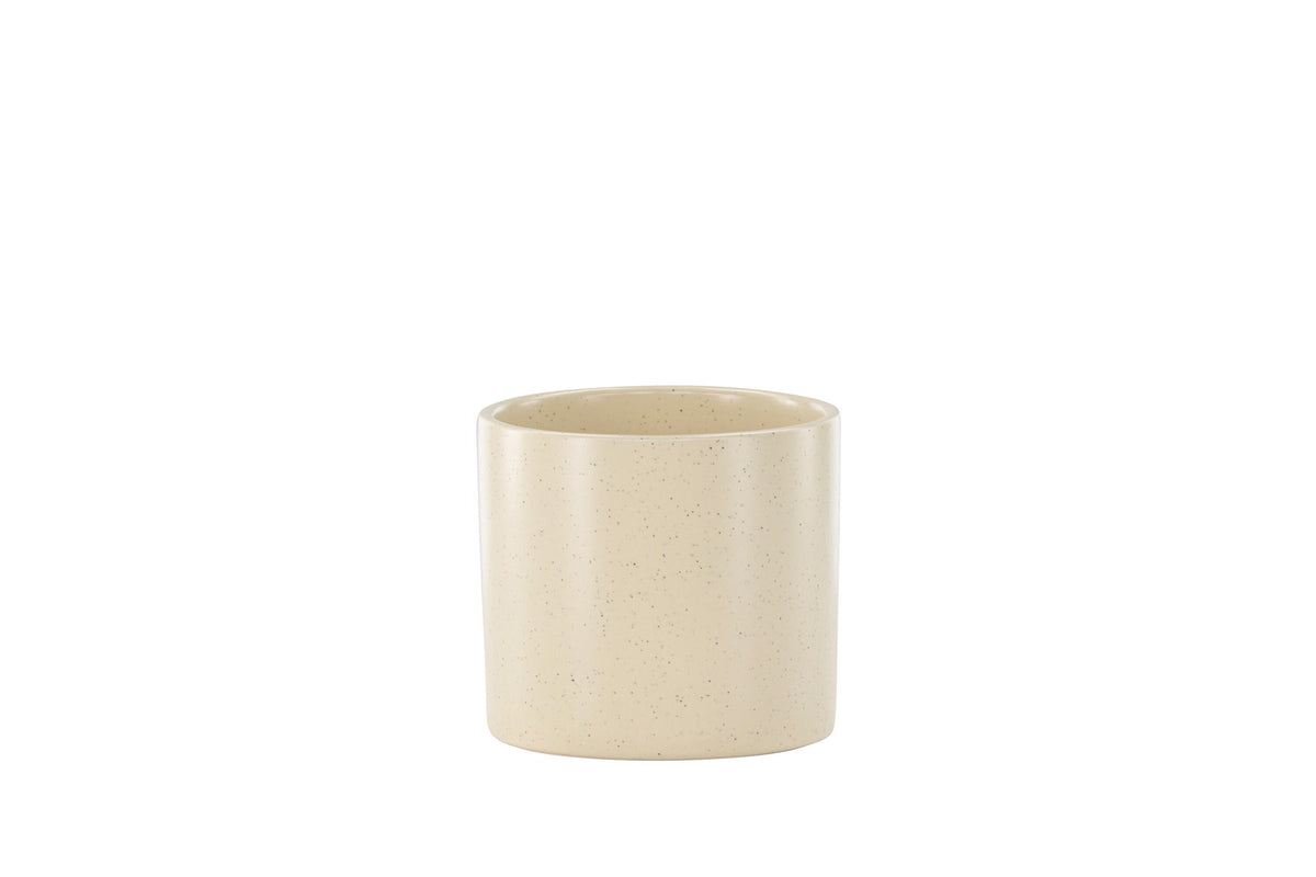 Schwarz-dunkelgraue Vase Sane aus Steinzeug mit gepunktetem Muster, rundlicher Form, Durchmesser 11 cm und Höhe 10 cm.