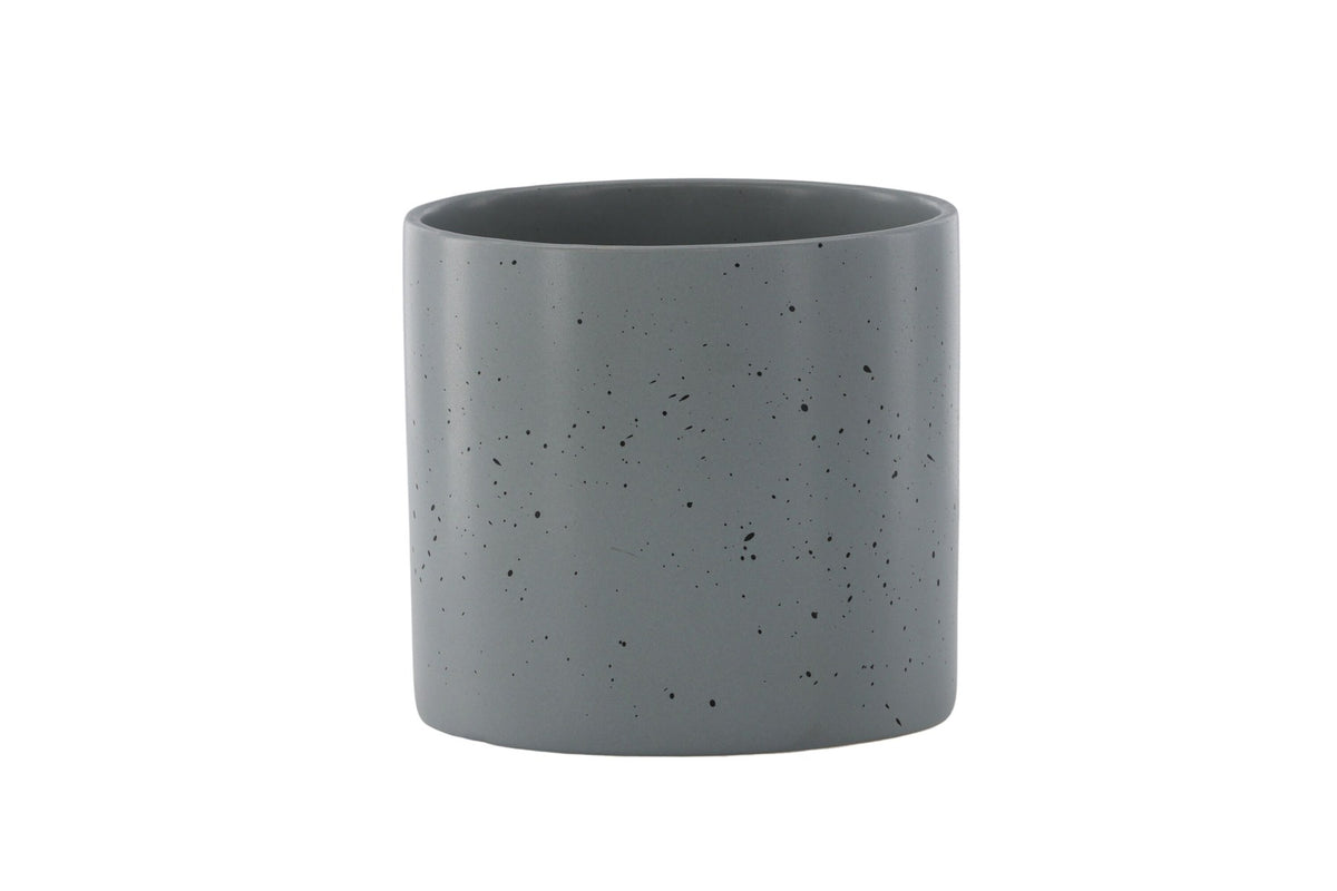 Schwarz-dunkelgraue Vase Sane aus Steinzeug mit gepunktetem Muster, rundlicher Form, Durchmesser 11 cm und Höhe 10 cm.