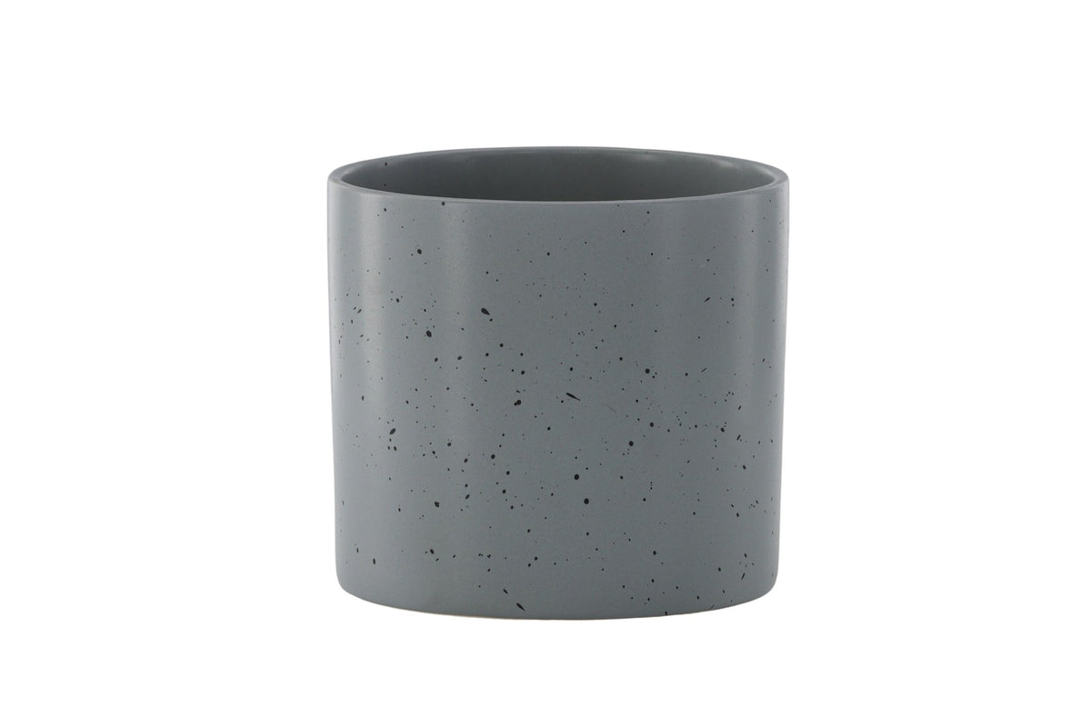 Schwarz-dunkelgraue Vase Sane aus Steinzeug mit gepunktetem Muster, rundlicher Form, Durchmesser 11 cm und Höhe 10 cm.