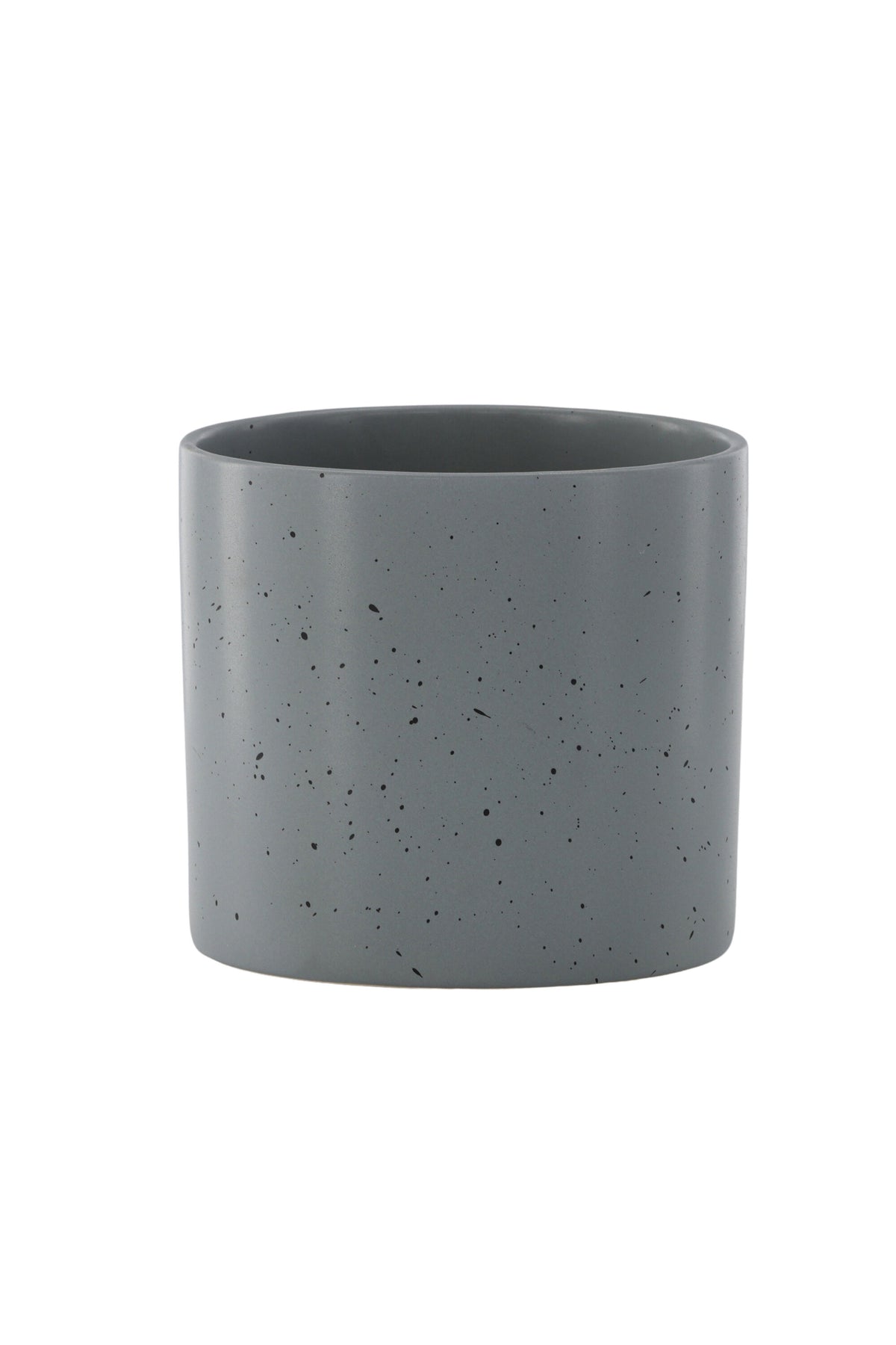 Schwarz-dunkelgraue Vase Sane aus Steinzeug mit gepunktetem Muster, rundlicher Form, Durchmesser 11 cm und Höhe 10 cm.