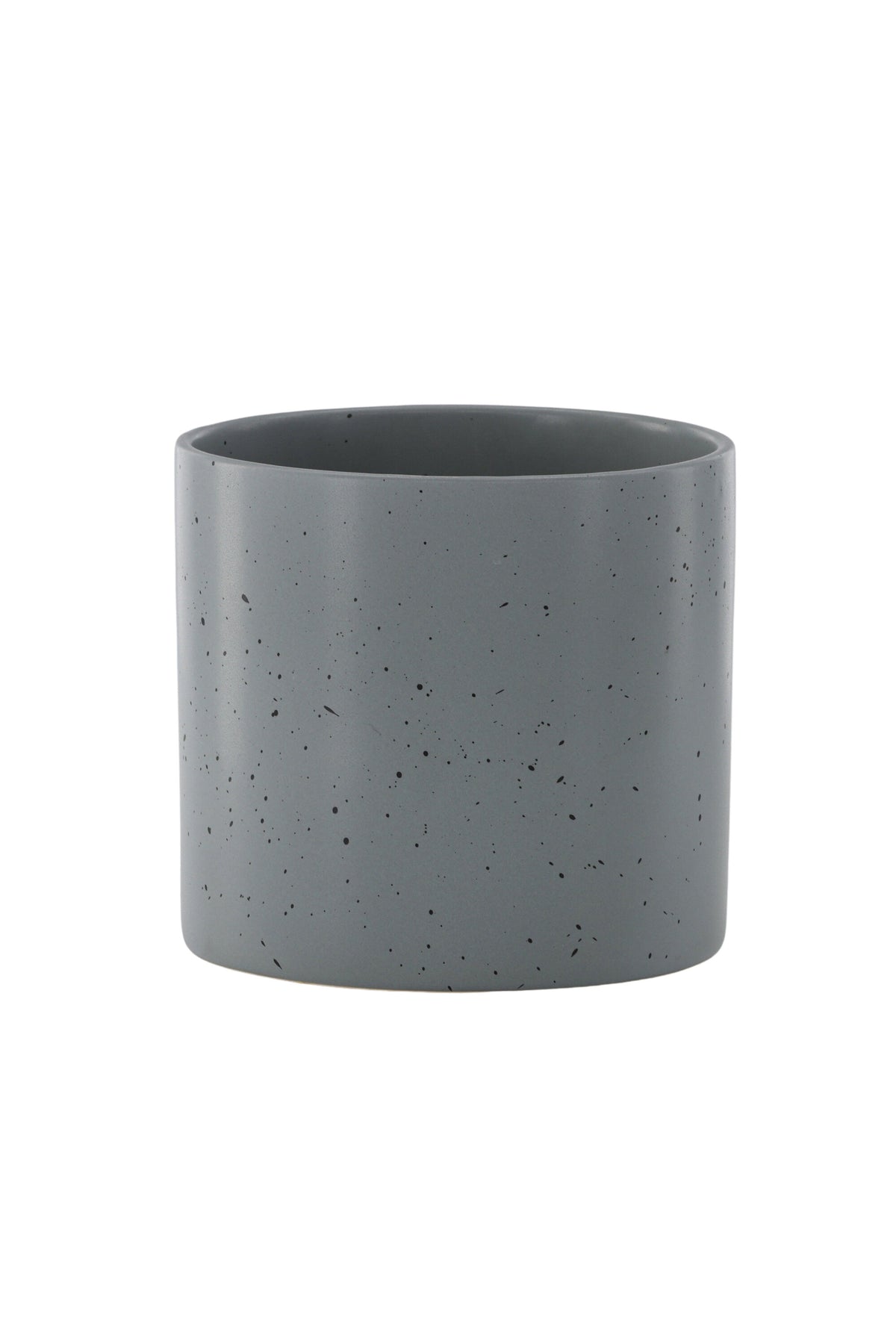 Schwarz-dunkelgraue Vase Sane aus Steinzeug mit gepunktetem Muster, rundlicher Form, Durchmesser 11 cm und Höhe 10 cm.